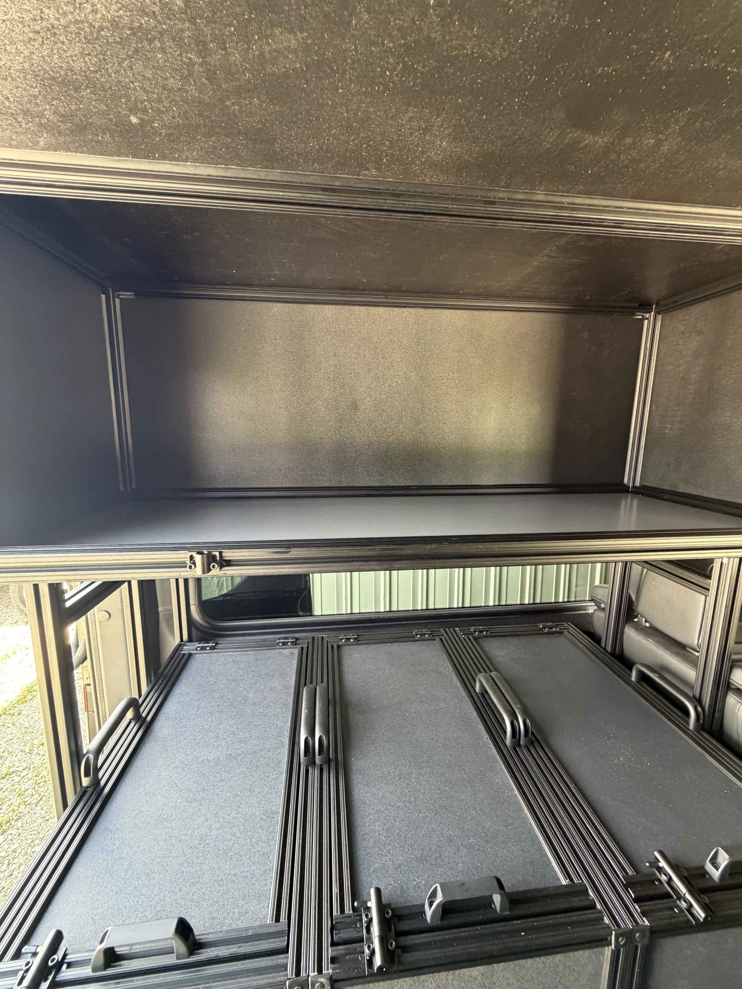 Mercedes Sprinter Custom Storage solution, extruded aluminum, 8020, heavy duty drawer slide and storage compartments, removable totes, platform