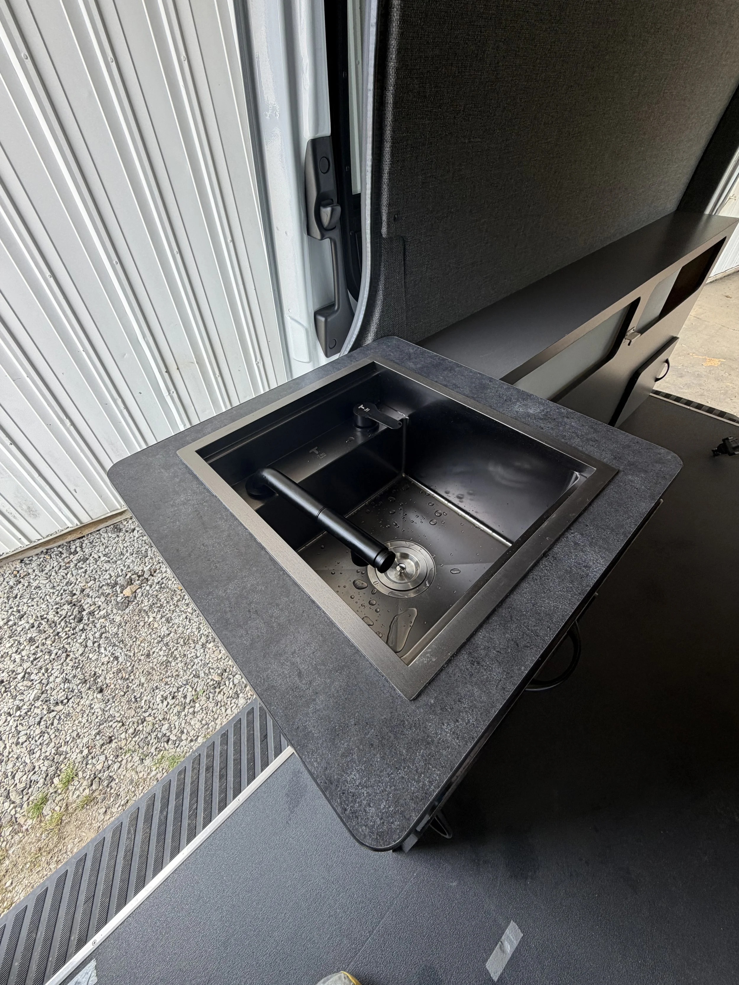 Mercedes Sprinter Adventure Van water system upgrade, Kitchen cab custom made to fit style, fold down sink, great & fresh water tanks with water pump