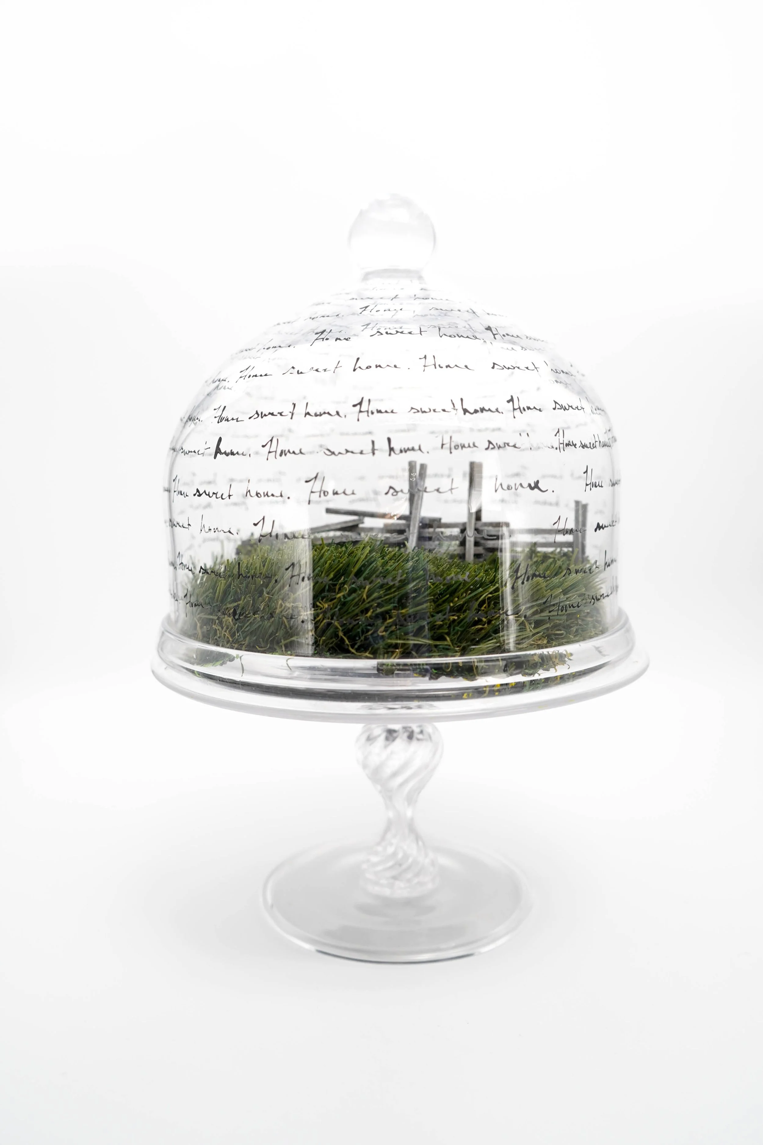 Safe haven. 2026. Blown and enameled glass, turf, miniature split rail fence.
