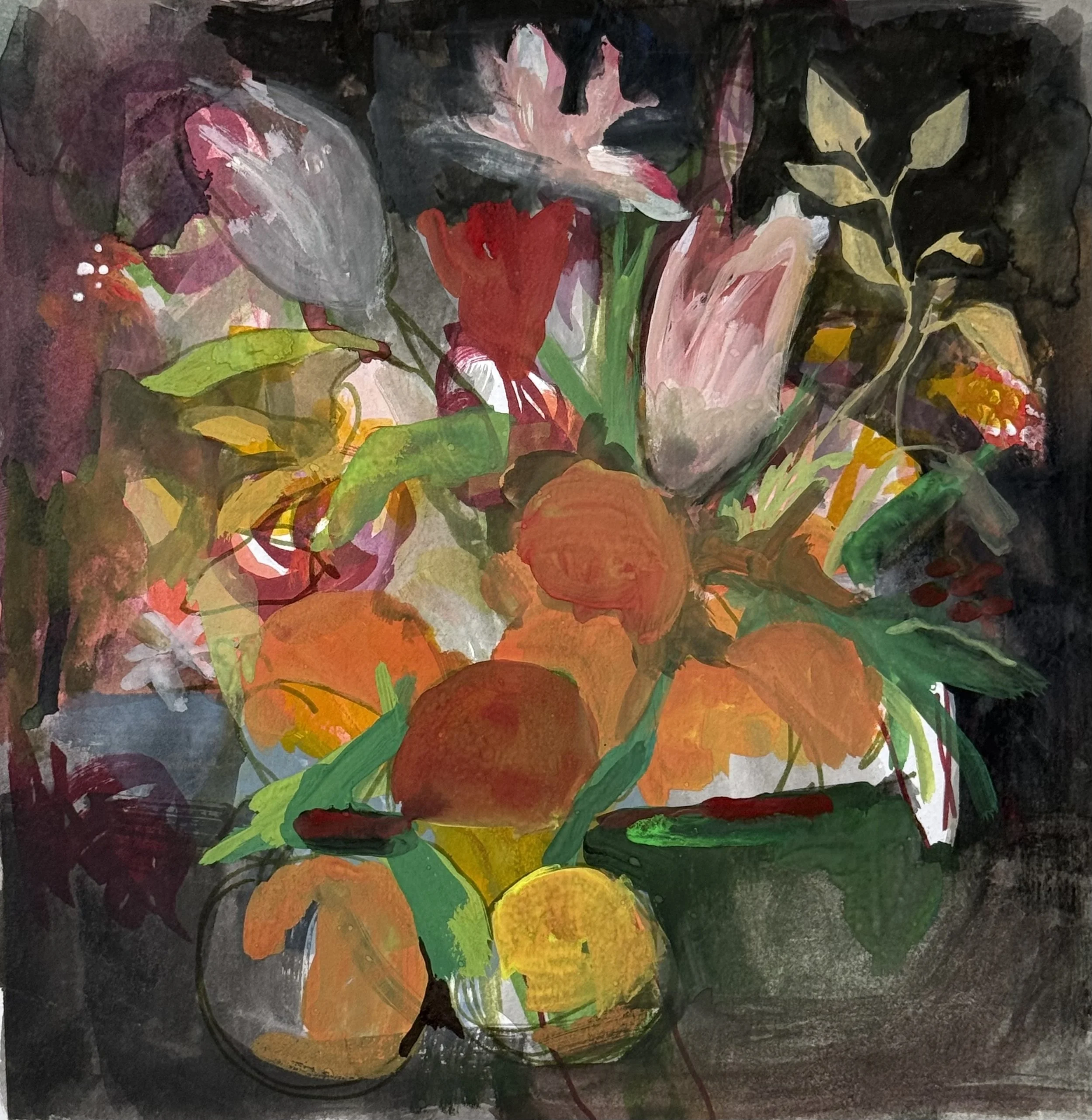 Still Life with Flowers. Alcohol Marker, Gouache, Oil on Paper. 8 x 8 in, 2025