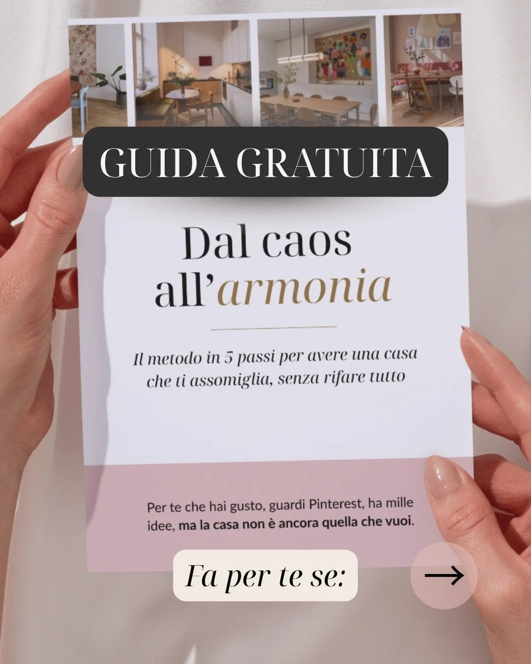 GUIDA GRATUITA| Dentro ci trovi i 5 step per schiarirti le idee su:

1️⃣ come trasformare le ispirazioni in identit&agrave; stilistica;

2️⃣ esercizi per capire quali mobili vale la pena tenere e cosa no

3️⃣come gestire i vincoli senza paura;

4️⃣ i