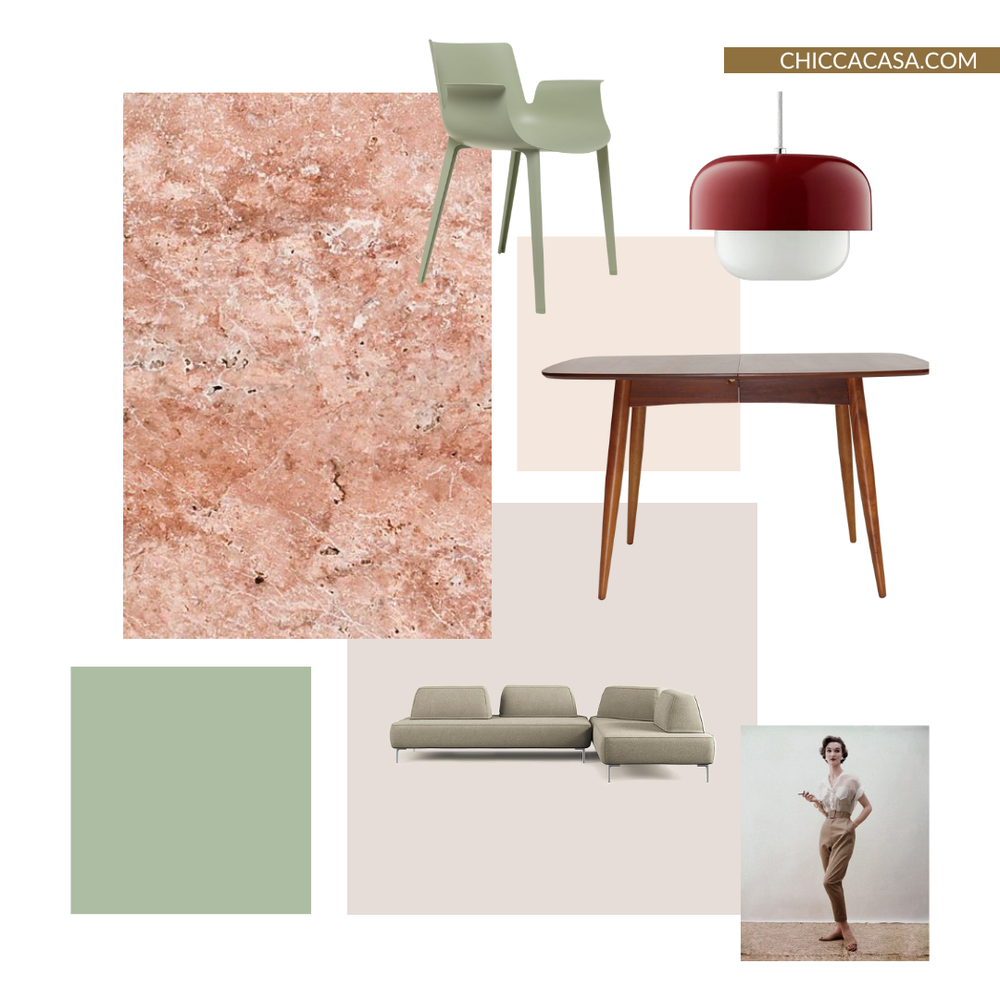 pavimento marmo rosa - moodboard con tavolo danese, sedia Kartell, lampadario rosso Falun e divano beige