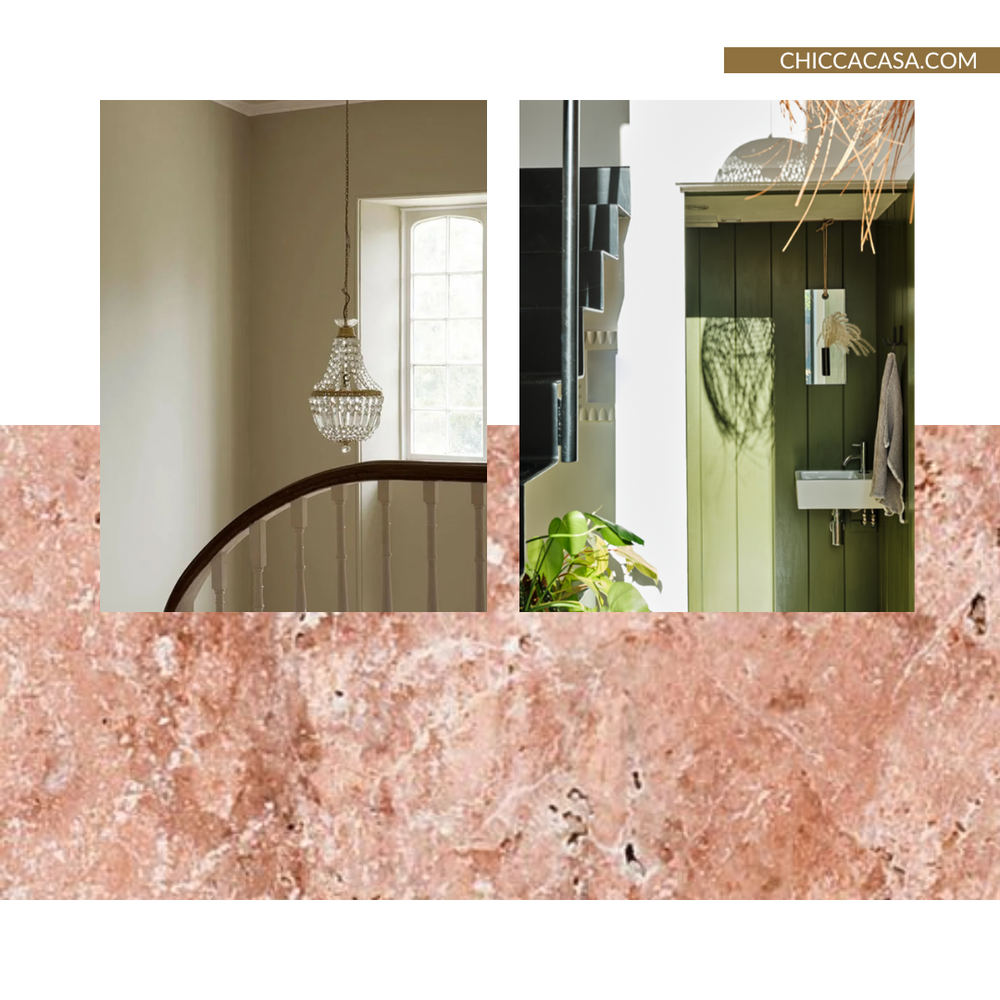 Come abbinare pavimento rosa - colori pareti: verde oliva e bianco sporco