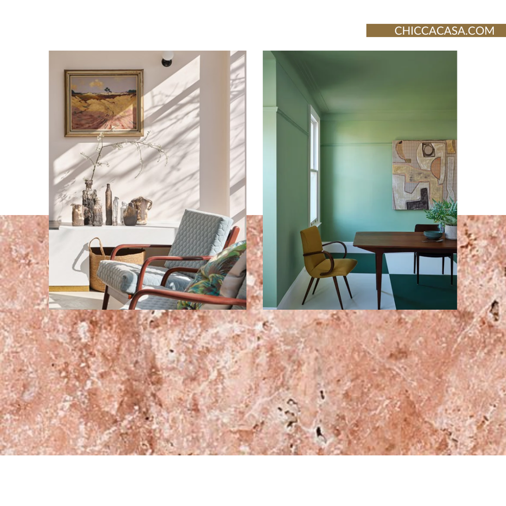Come abbinare pavimento rosa - colori pareti: verde fresco chiaro e bianco rosato