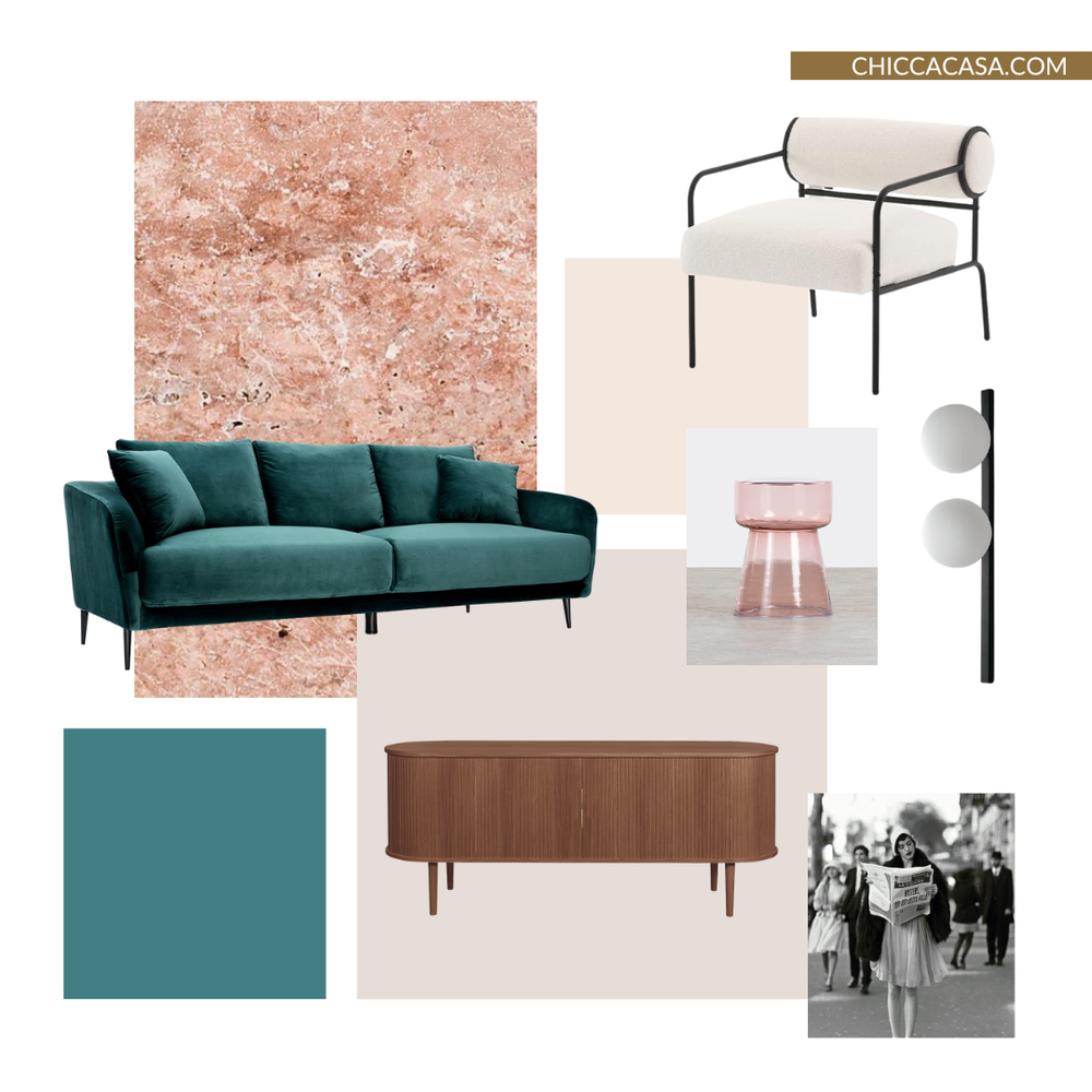 marmo rosa - moodboard con pavimento in marmo rosa, divano di velluto petrolio, arredi bianco e nero e sideboard in legno scuro