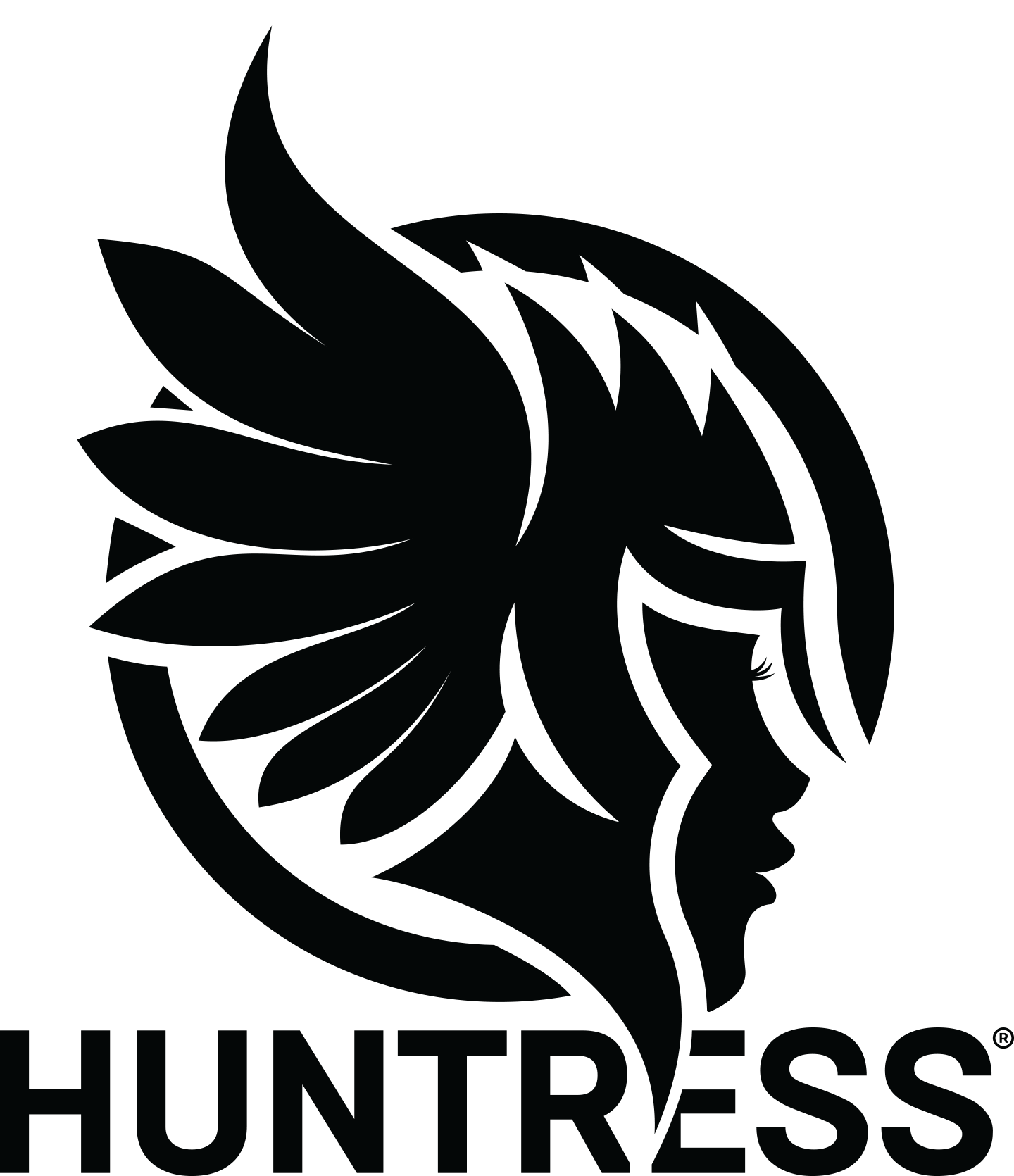 Logo featuring a stylized profile of a woman's face with feather-like elements, accompanied by the text 'HUNTRESS' below.