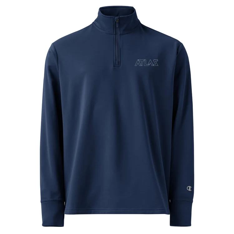 An athletic navy Champion quarter zip pullover with the ATLAS logo, front view