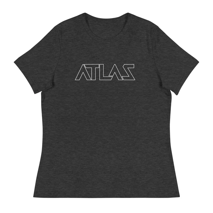 A dark grey heather women's relaxed ATLAS t-shirt, front view
