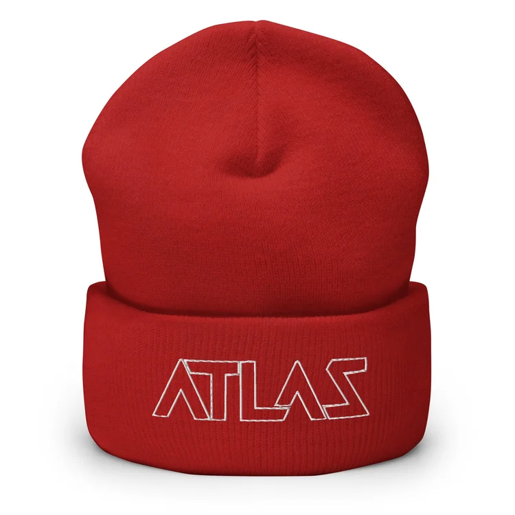 A red cuffed ATLAS beanie, front view