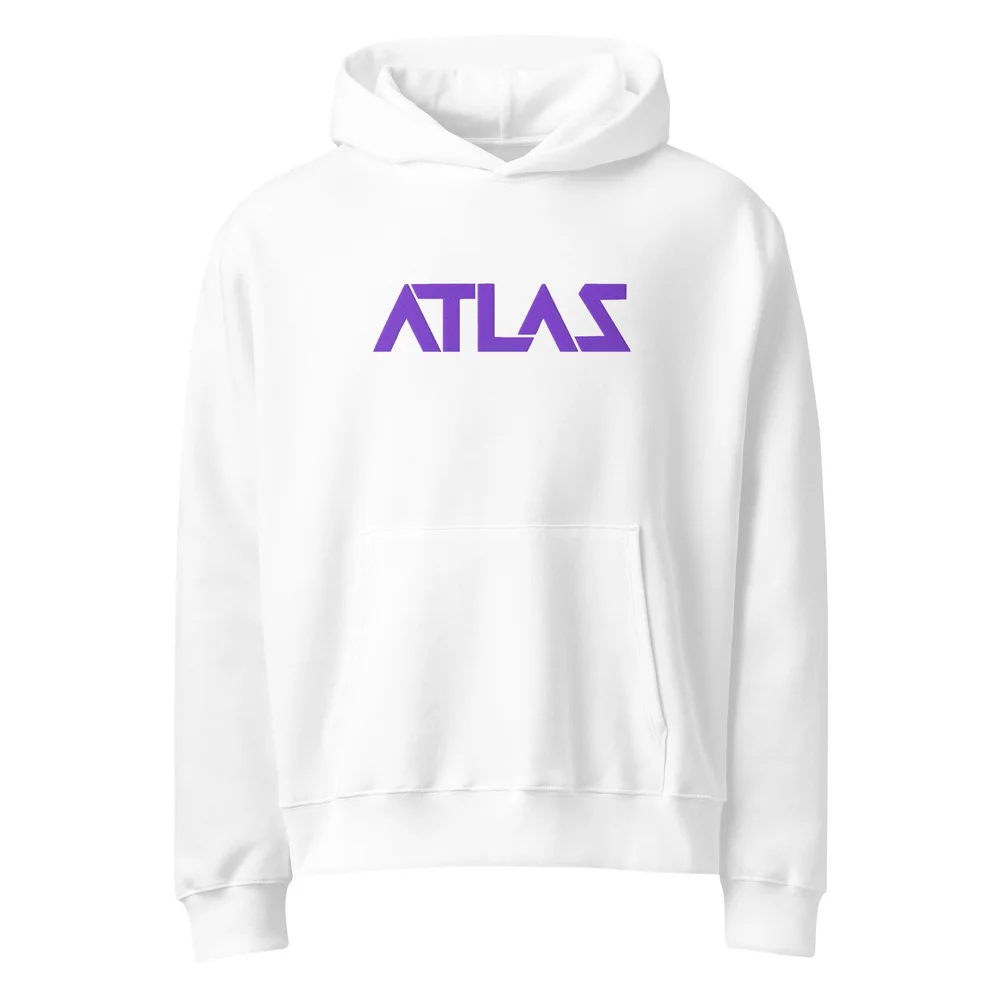A white oversized heavyweight ATLAS hoodie, front view