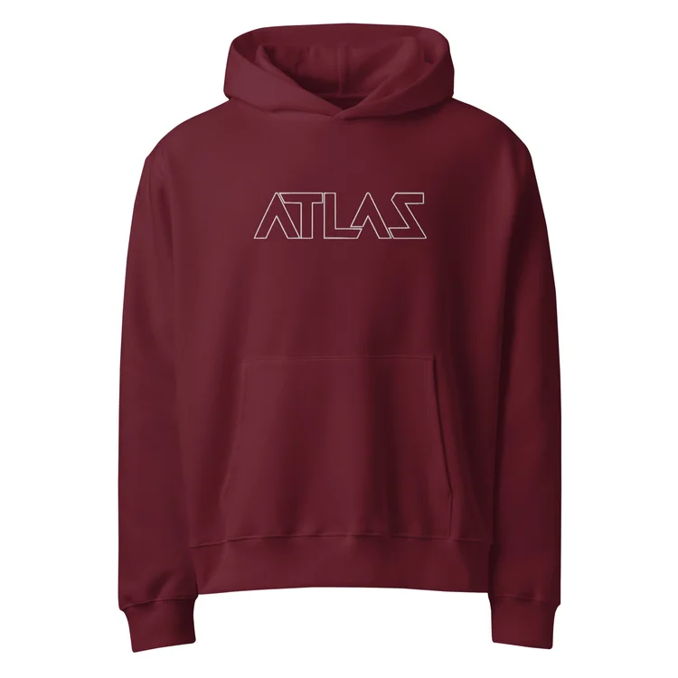 A maroon oversized heavyweight ATLAS hoodie, front view