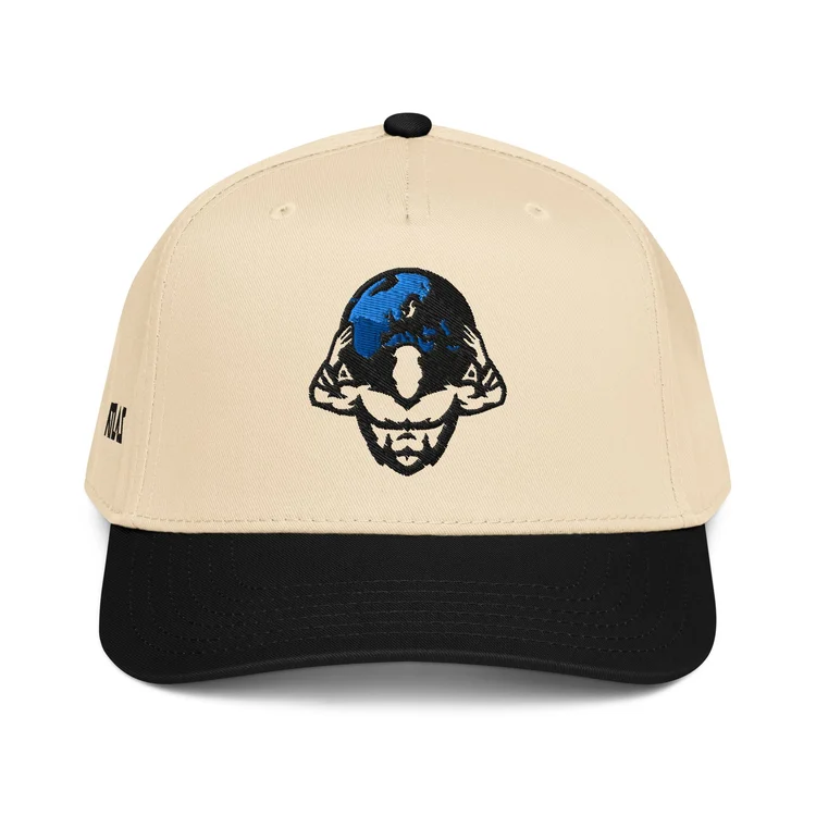 A natural and black five-panel ATLAS cap, front view