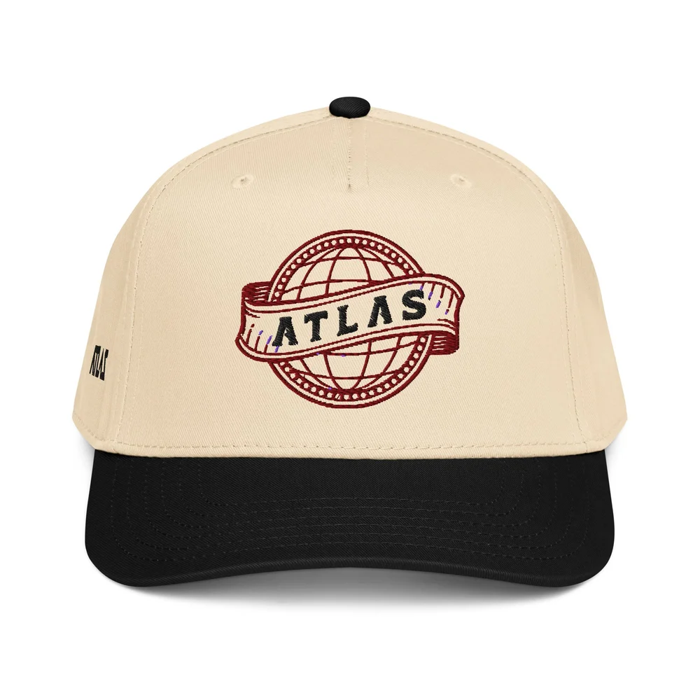 A natural and black five-panel ATLAS baseball cap, front view