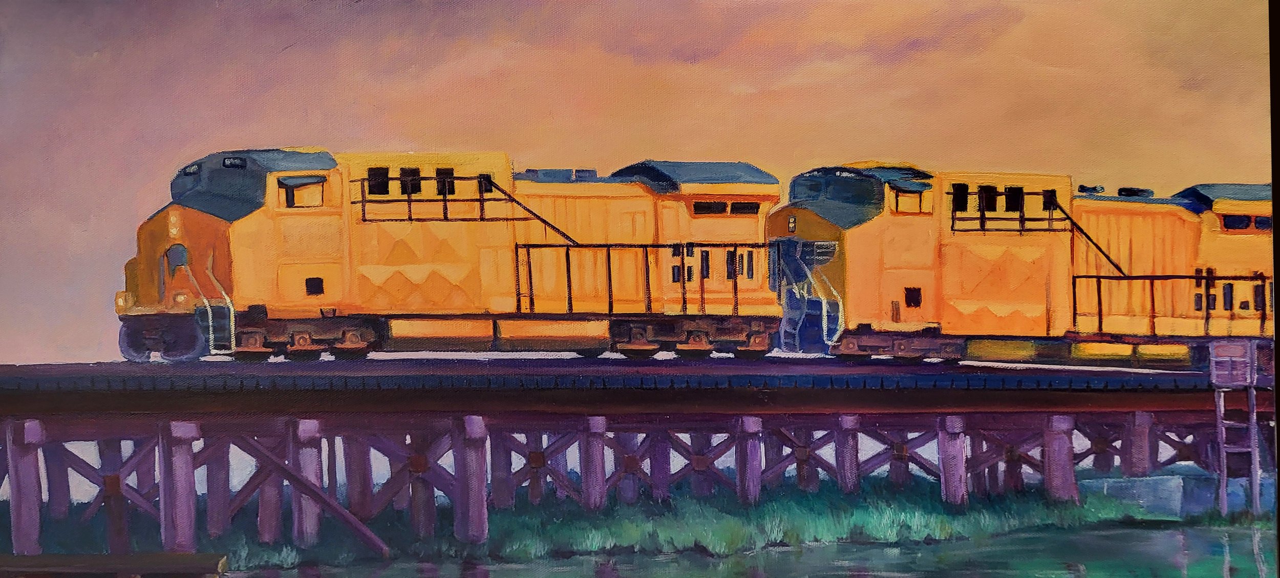 Train at Dawn, oil on canvas, 15" x 30", $450