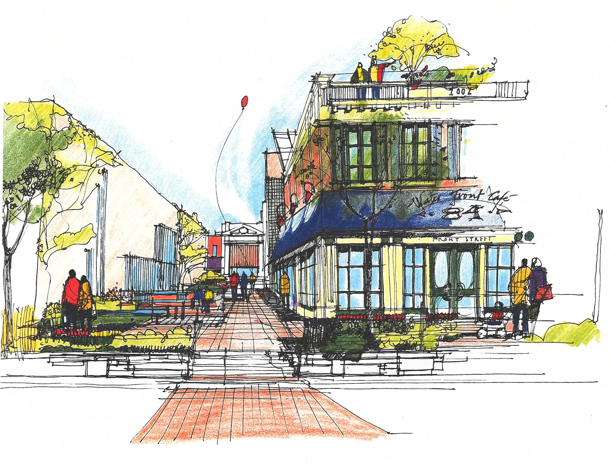Architectural drawing mockup of the North Bay Waterfront Revitalization with pops of bright yellow, green and blue color on the storefront and greenery in the landscape