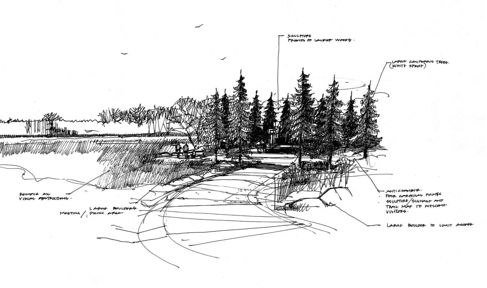 Black and white architectural drawing mockup of outdoor space landscaping. Tall pine trees surround a walkway that leads to a round cleared area with sculpture in the middle