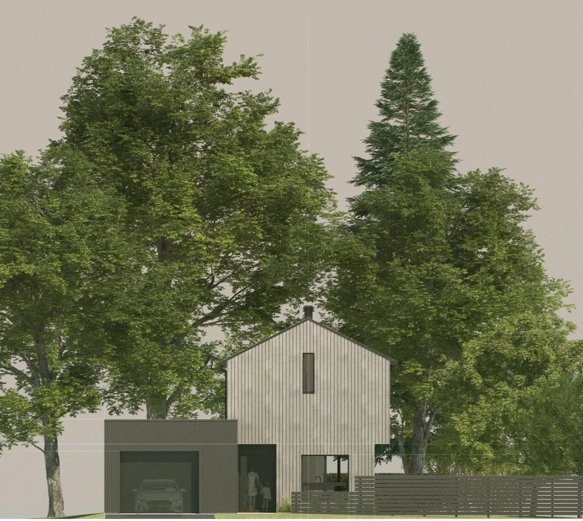 East Central Canada Powassan Mountain modern home build with brown fencing, unique windows at the front of the house where the front door is located and tall pampas grass in front of the fencing