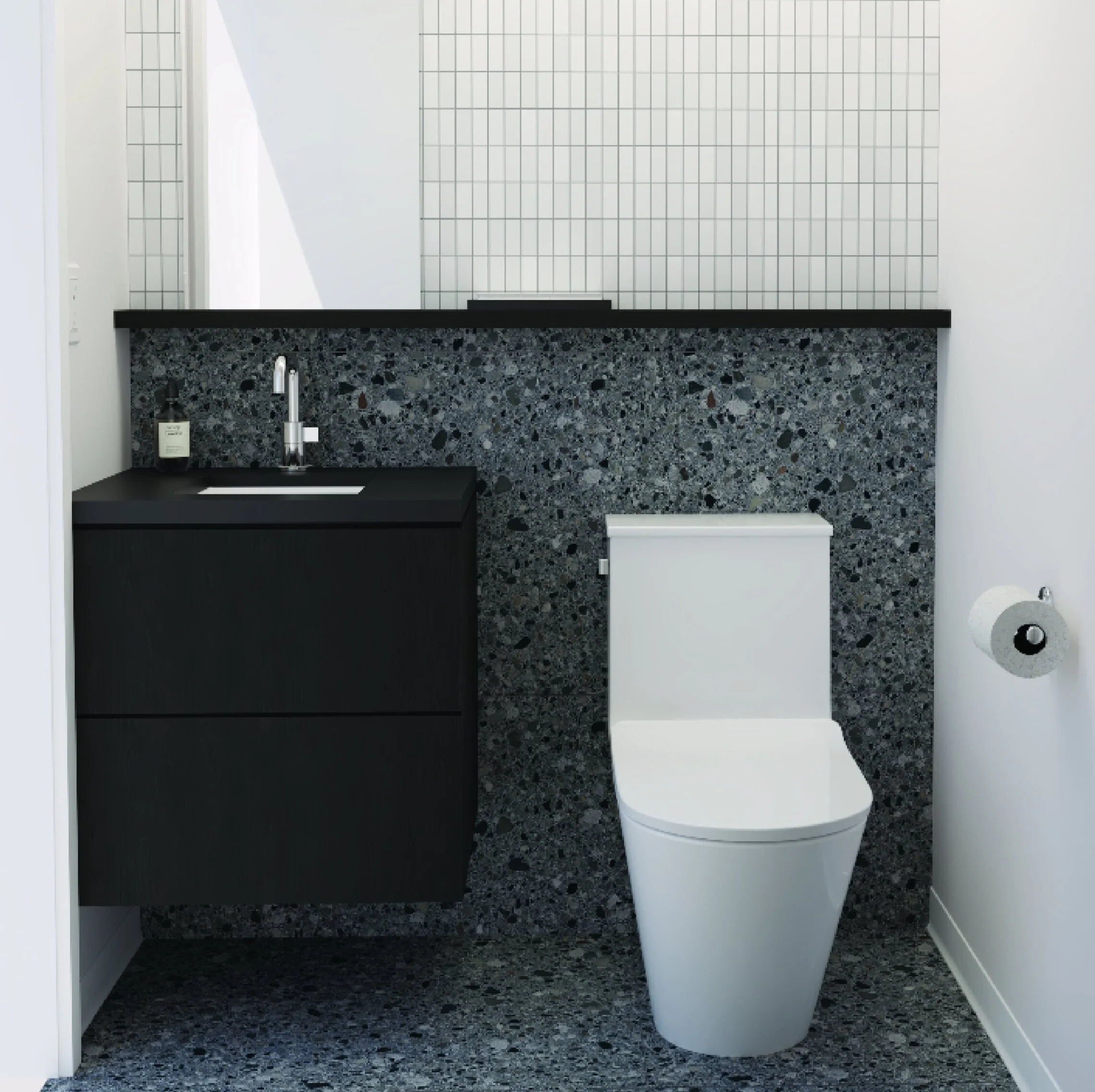 Dark, modern powder room with black square sink and white toilet, a mix of black and shades of grey pebble looking tile behind and a black floating shelve above the sink and toilet