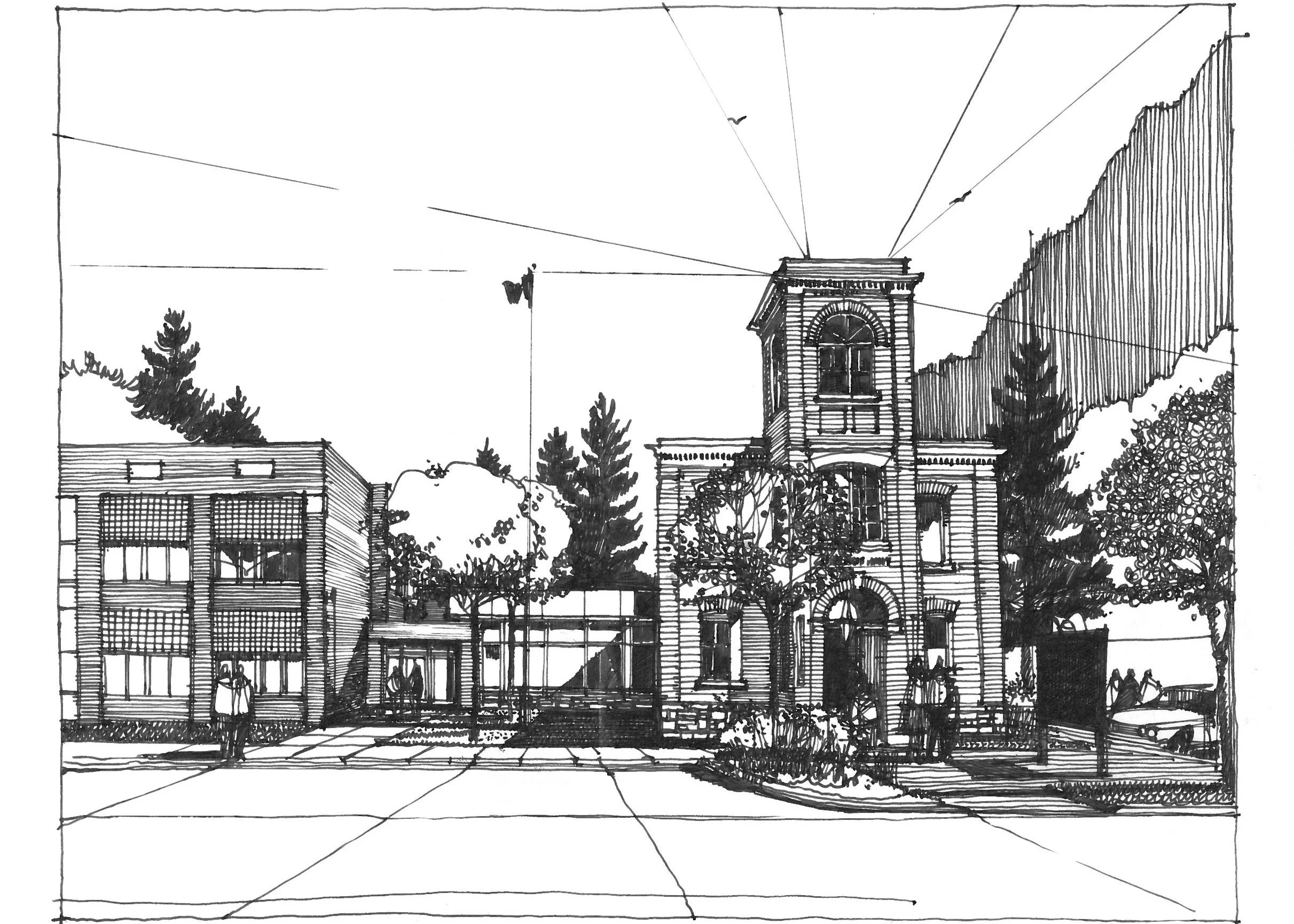 Black and white sketched drawing of school community library with trees surrounding the building and a flagpole out front