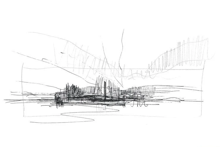 Art Theatre architectural drawing in black and white. Sketch of the building with abstract lines outlining the structure