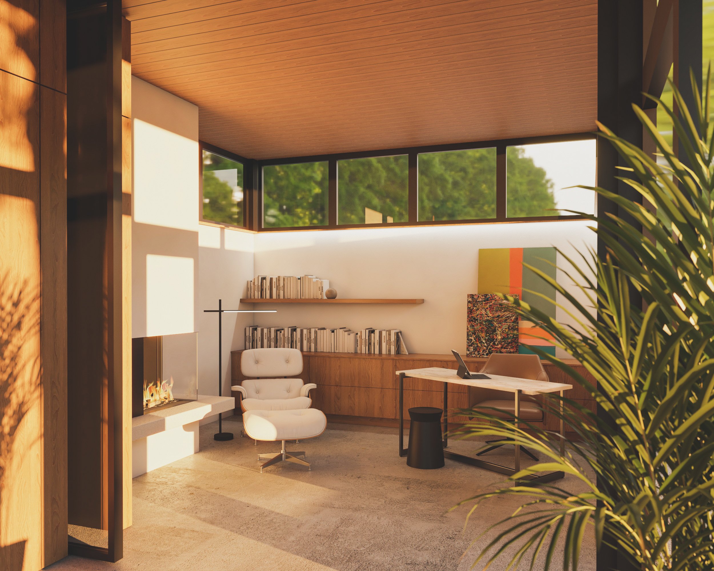 Modern, mid-century office with custom wood ceiling and windows lining the wall and ceiling around the room. White modern desk chair next to white modern fireplace with wood cabinetry and a row of books on top with a white desk with gold legs
