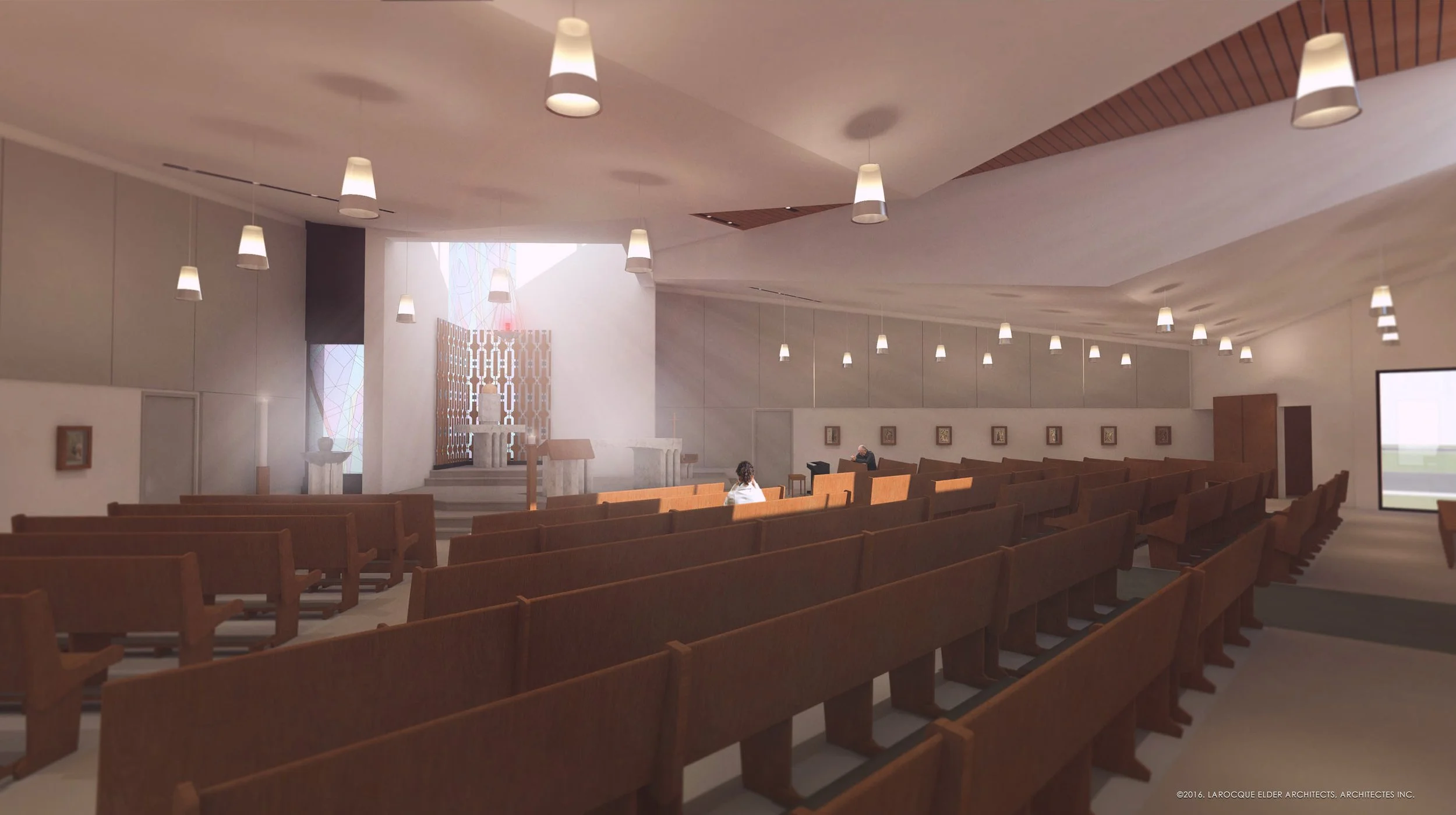 Interior view of church with rows of natural wood pews, hanging lights, vaulted ceiling above the pulpit