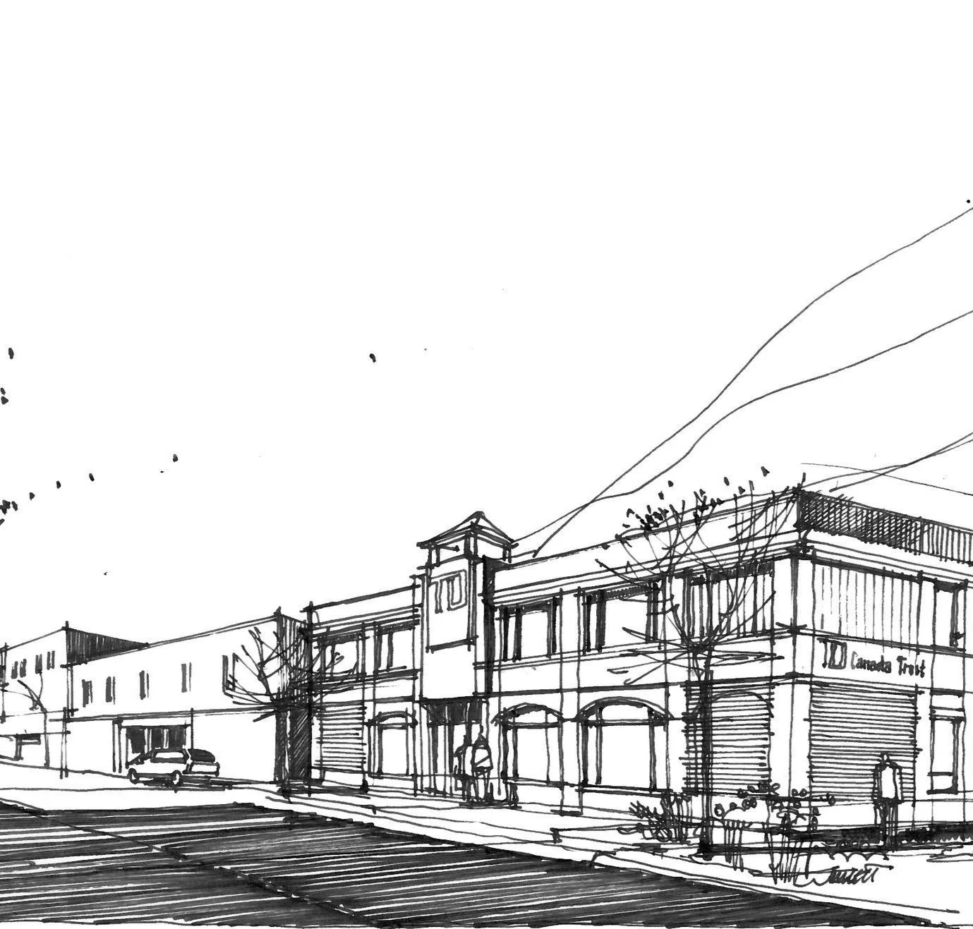 Commercial Trust building architectural sketch with bare trees out front