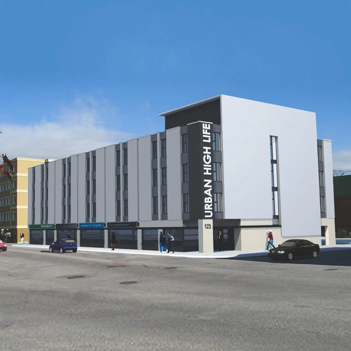 Modern construction mockup of grey building with stacked vertical windows spaced out along the front of the building and Urban High Life logo placed vertically at the entrance on black beam