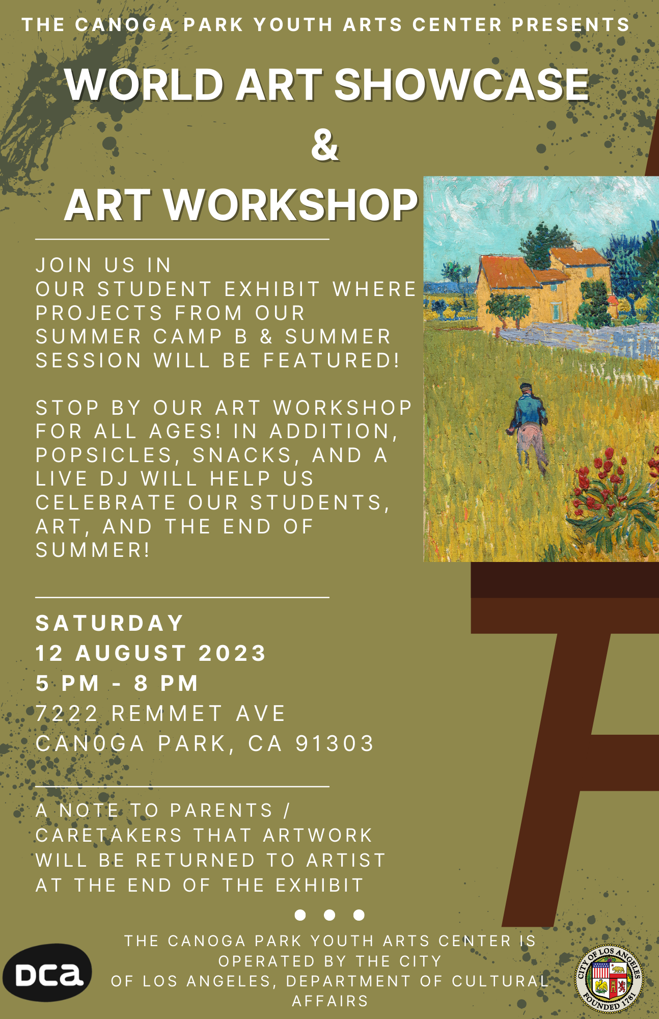 flier for a free art workshop held at the canoga park youth arts center