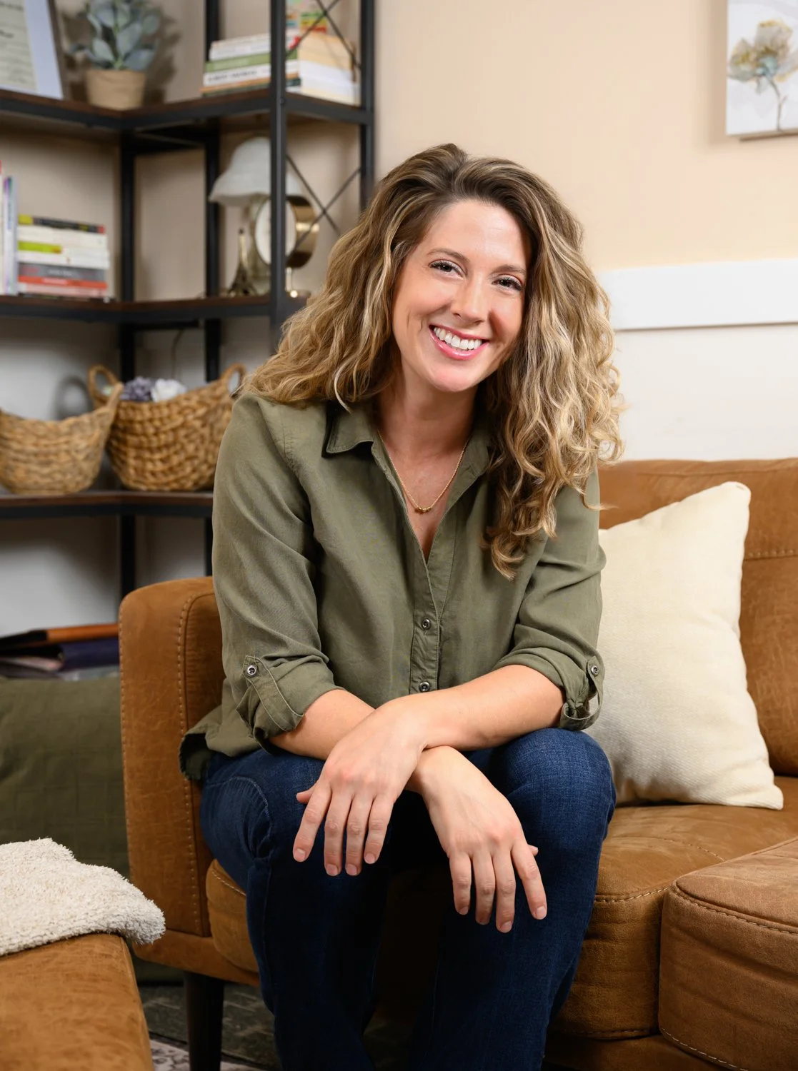 woman sitting on couch branding