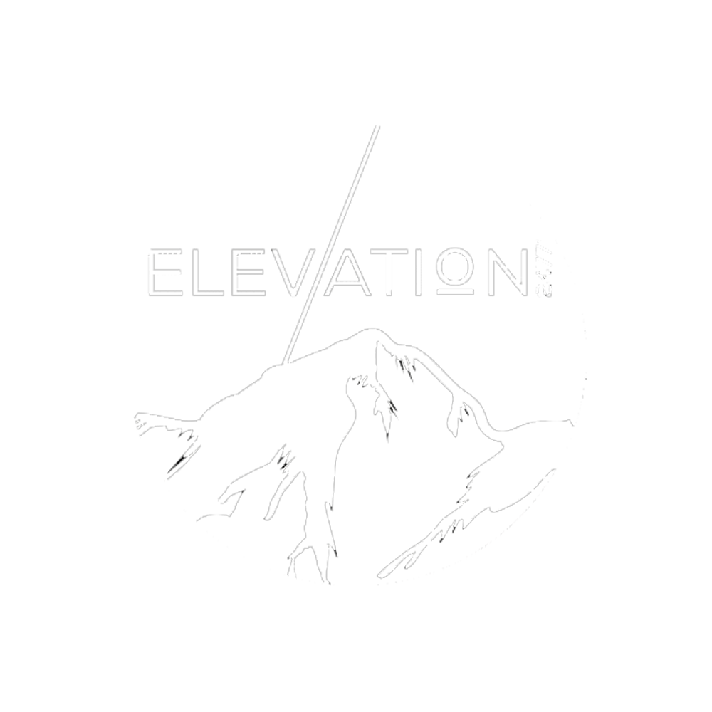 Black and white logo featuring a mountain with the words "Elevation 2477" and a stylized mountain peak in the background.