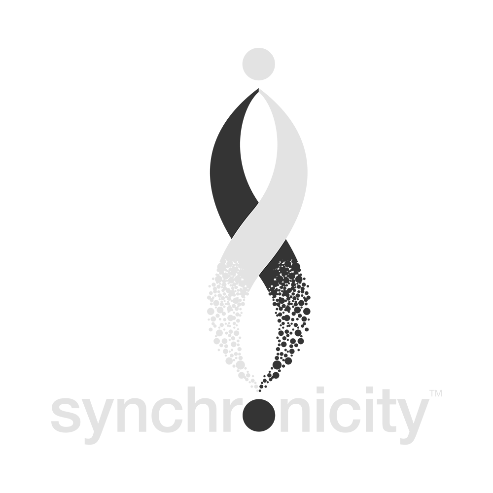 A logo with a black background featuring a stylized, symmetrical, swirling design in shades of gray and white, resembling an abstract figure or infinity symbol, with the word "synchronicity" in lowercase letters at the bottom.