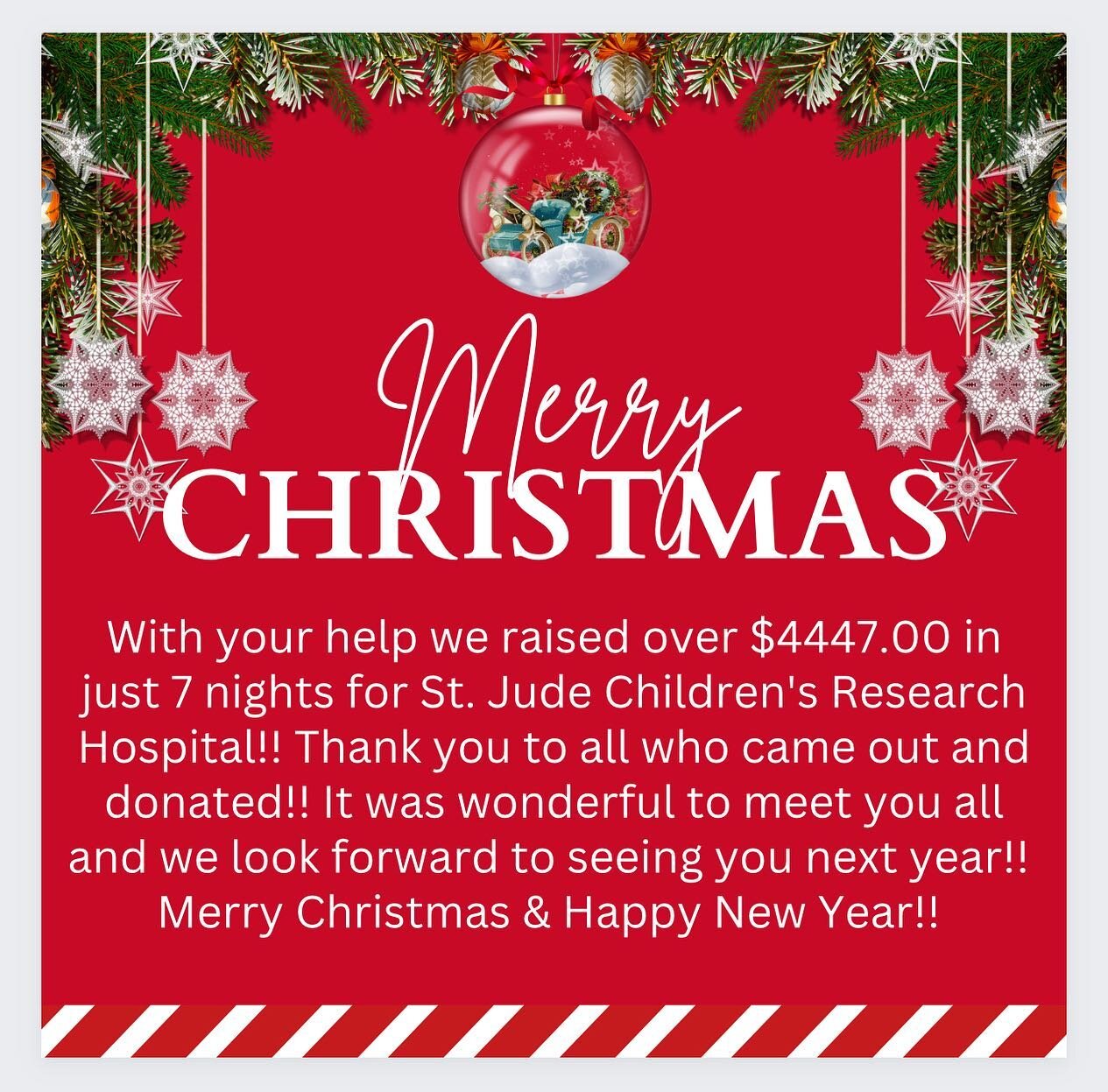 That&rsquo;s a wrap!! 
With your help we raised over $4447.00 in just 7 nights for St. Jude Children&rsquo;s Research Hospital!! Thank you to all who came out and donated!! It was wonderful to meet you all and we look forward to seeing you next year!