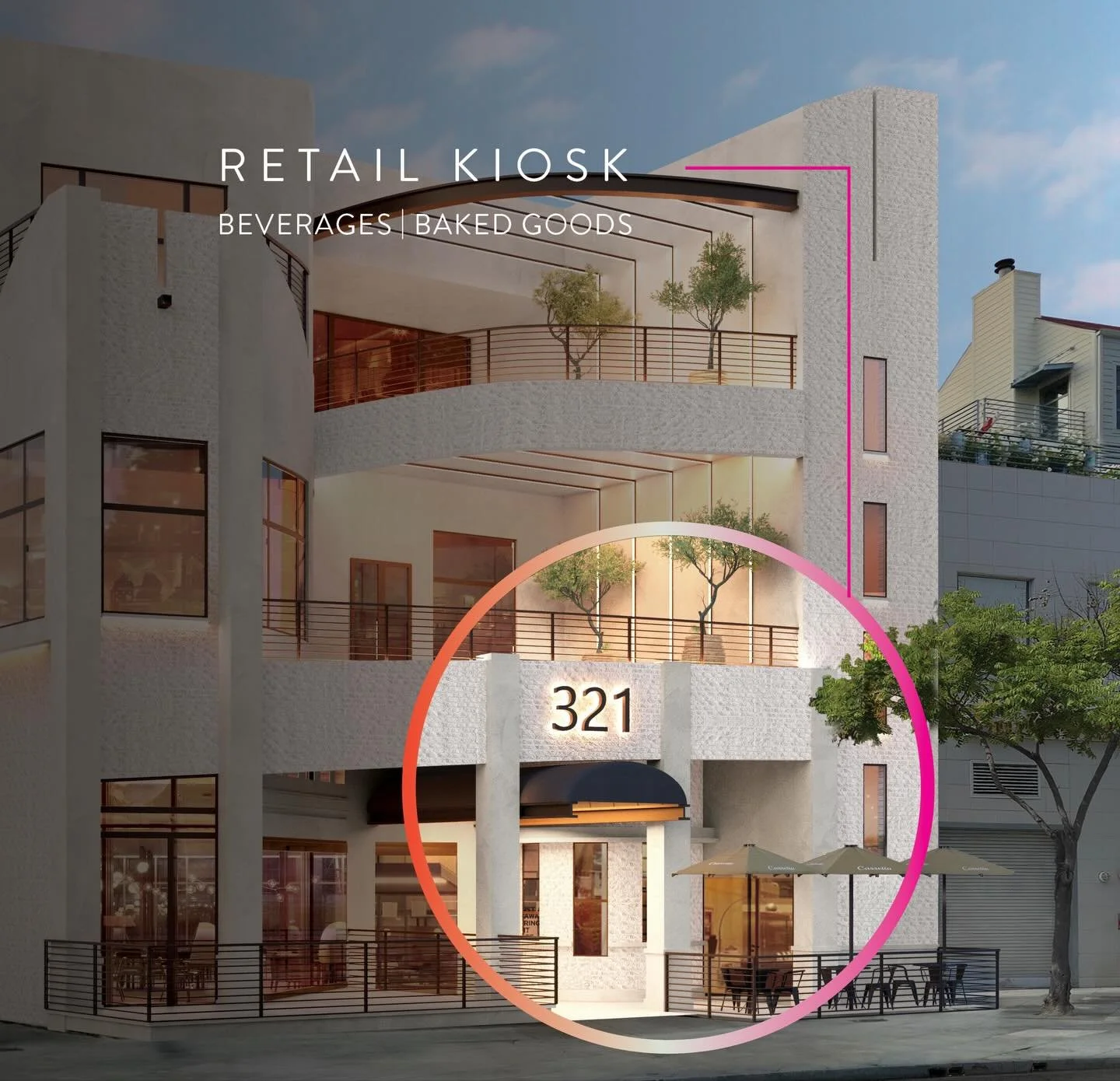 High visibility kiosk steps from the Third Street Promenade. Ground floor space with a private patio suited for quick service concepts.📍321 Santa Monica Blvd

&bull; $3,000 per month MG &bull; Term negotiable &bull; Ground floor kiosk with outdoor p