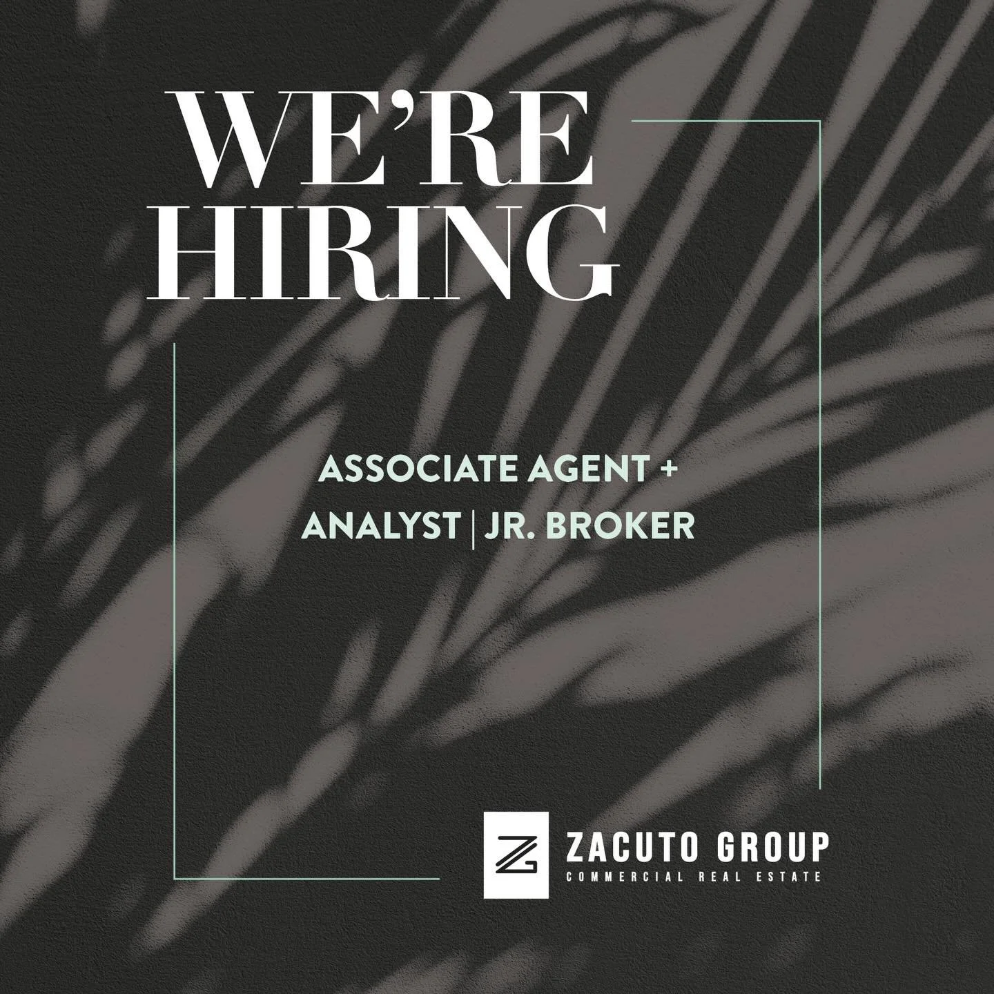 Zacuto Group is hiring in Santa Monica and looking to add two driven professionals to our Commercial Real Estate team.

Open Roles &bull; Associate, Commercial Real Estate Agent &bull; Investment Sales Analyst + Junior Broker

Both roles offer hands-