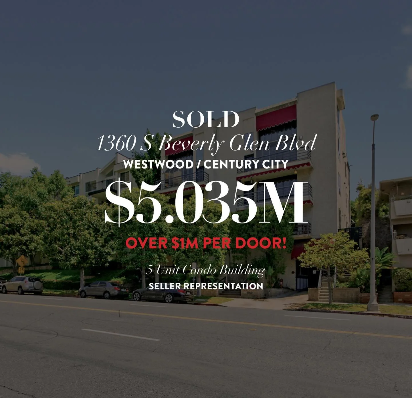 SOLD: 5 Unit Condo Building with Grand Penthouse &amp; Private Rooftop Terrace. Each unit sold for over $1M!
📍1360 S Beverly Glen Blvd

Price: $5,035,000
Price Per Unit: $1,007,000
PPSF: $567
Building Size: &plusmn;8,874
Lot Size: &plusmn;6,265

* P