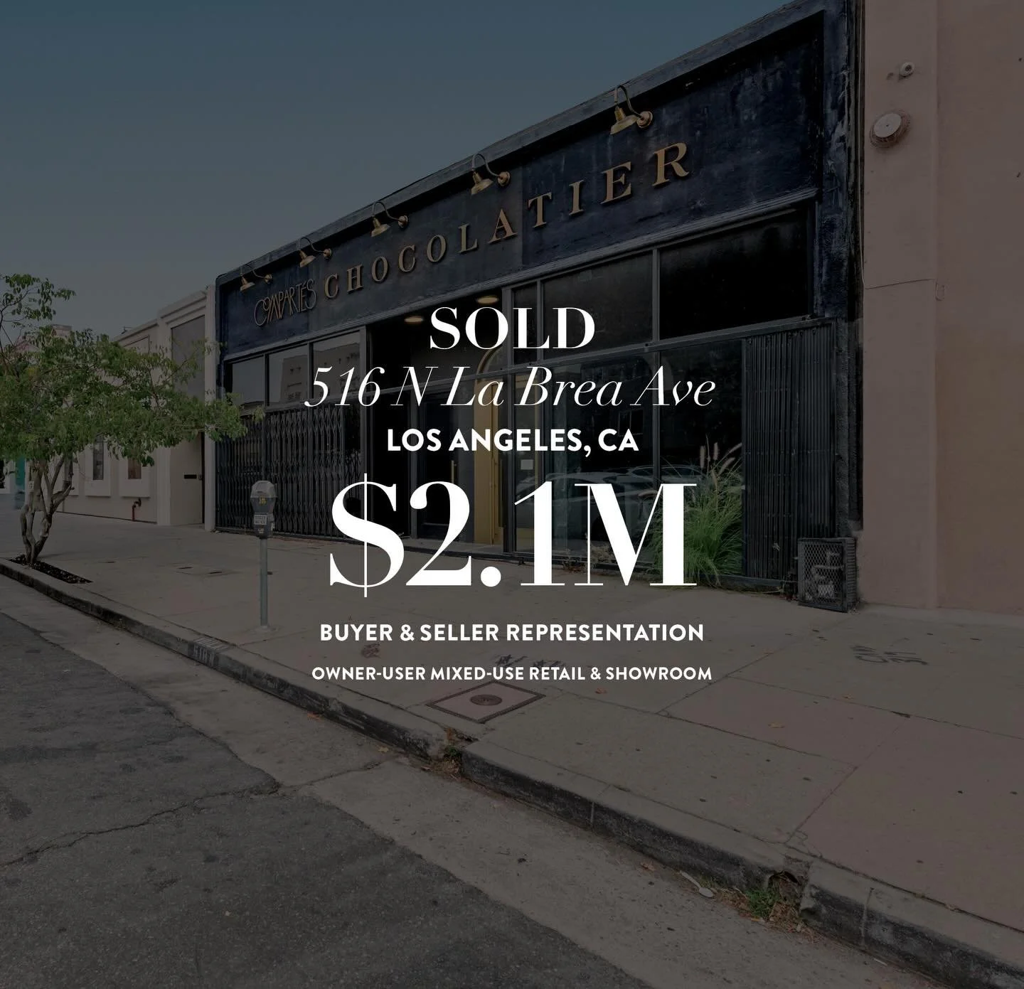 JUST SOLD | Owner-User Mixed-Use Retail &amp; Showroom in Los Angeles, CA

Address: 516-518 N La Brea Ave, Los Angeles, CA, 90036
Price: $2,100,000
Building Size: 4,100 SF
Price Per SF: $512
Land Size: 4,201 SF
Price Per SF (Land): $500
Occupancy: Va