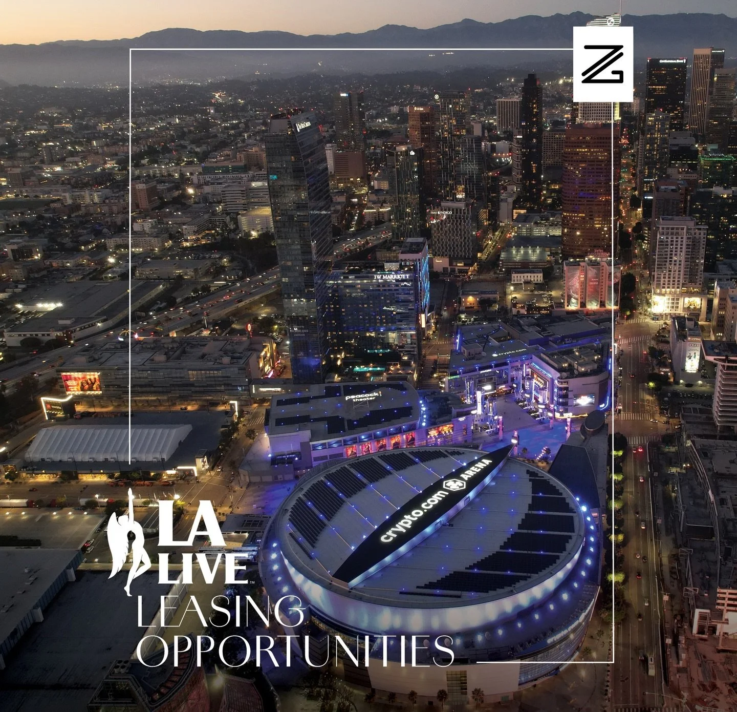Now Leasing at L.A. Live. | DTLA&rsquo;s most iconic entertainment district&mdash;home to Crypto.comArena, Peacock Theater, and The Novo, with 1,500+ annual events&nbsp;and 20M visitors. Unmatched visibility, true pedestrian foot traffic, and adjacen
