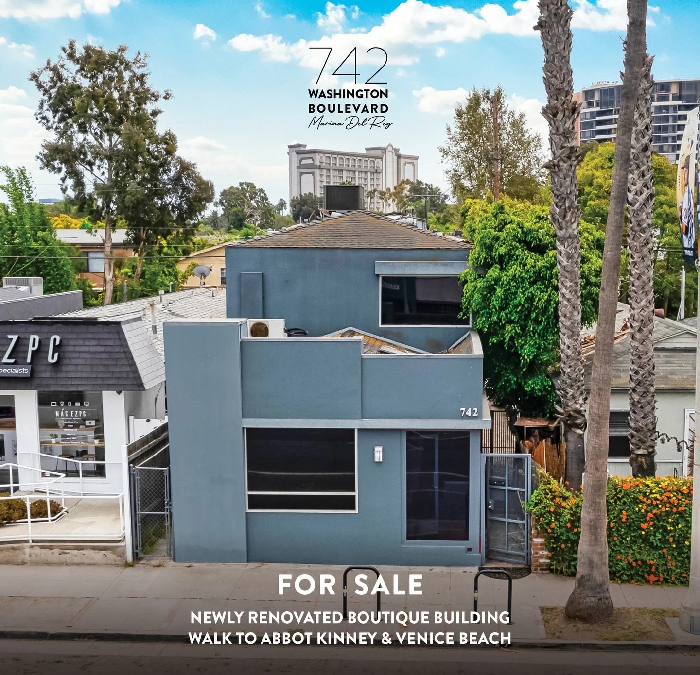 Not yet on market! Newly renovated boutique building! Walk to Abbot Kinney and Venice Beach. Rare owner-user opportunity. 

742 Washington Blvd
PRICE $1,995,000
PPSF $830/SF
LOT SIZE &plusmn; 2,483 SF
PARKING 3-5 rear spaces
YEAR BUILT 1961

&bull; P