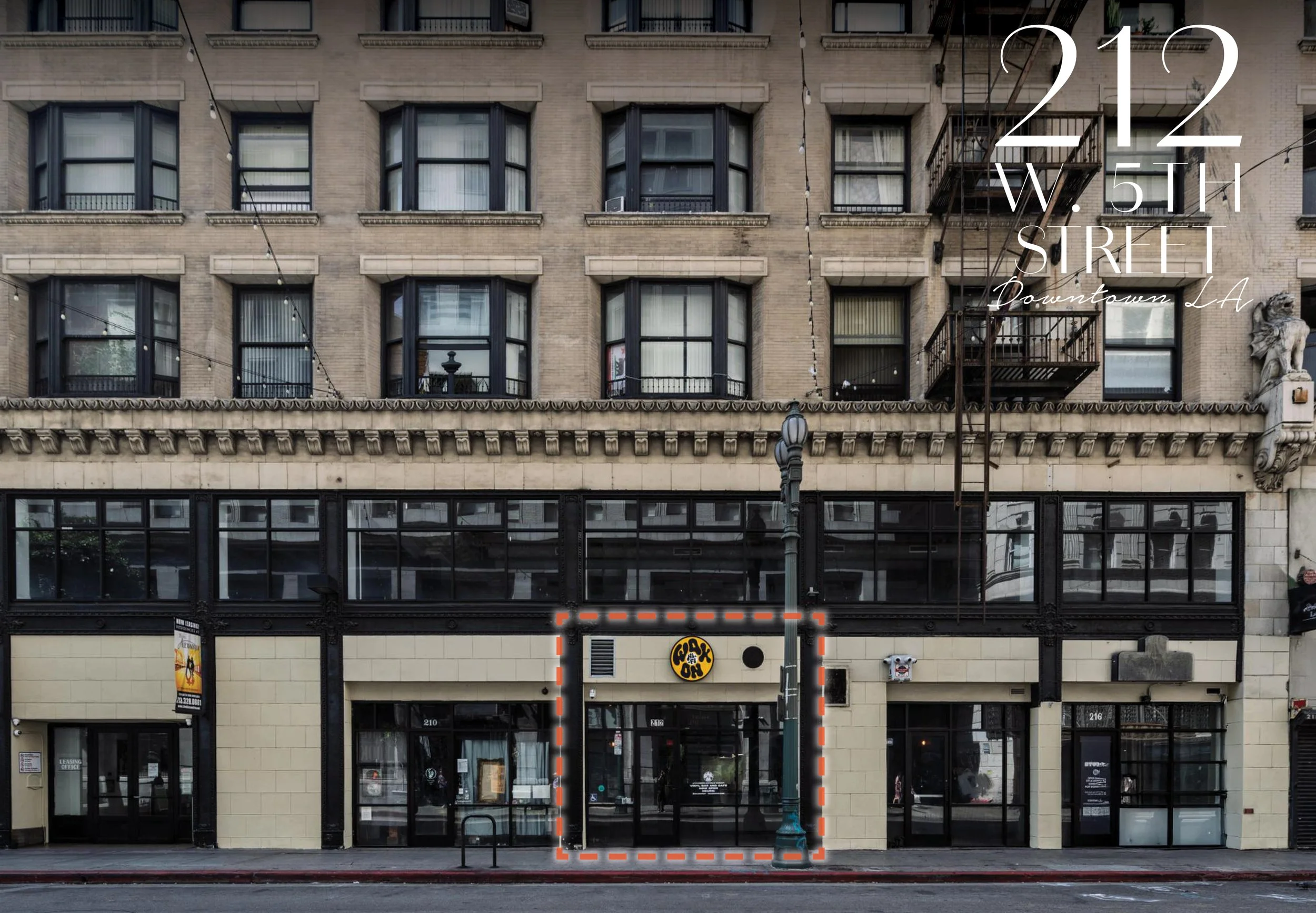 FOR LEASE
212 W 5th Street, DTLA
Bright Retail/Cafe in Historic Building