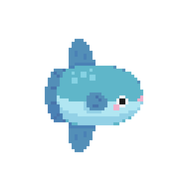 Pixel art illustration of a blue fish with a big eye, blush on its cheek, and a small fin on top, on a black background.