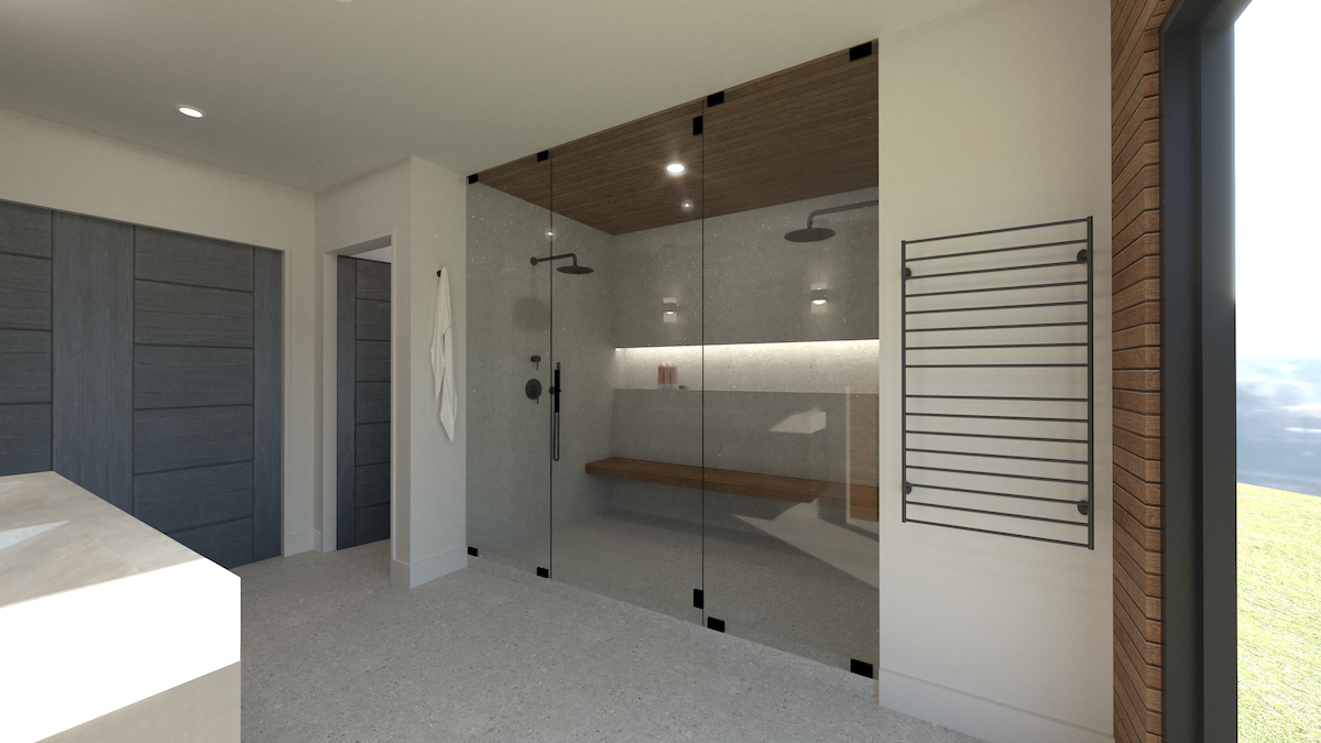 Luxury modern primary bathroom in Cherry Hills Village Colorado with glass steam shower and minimalist design
