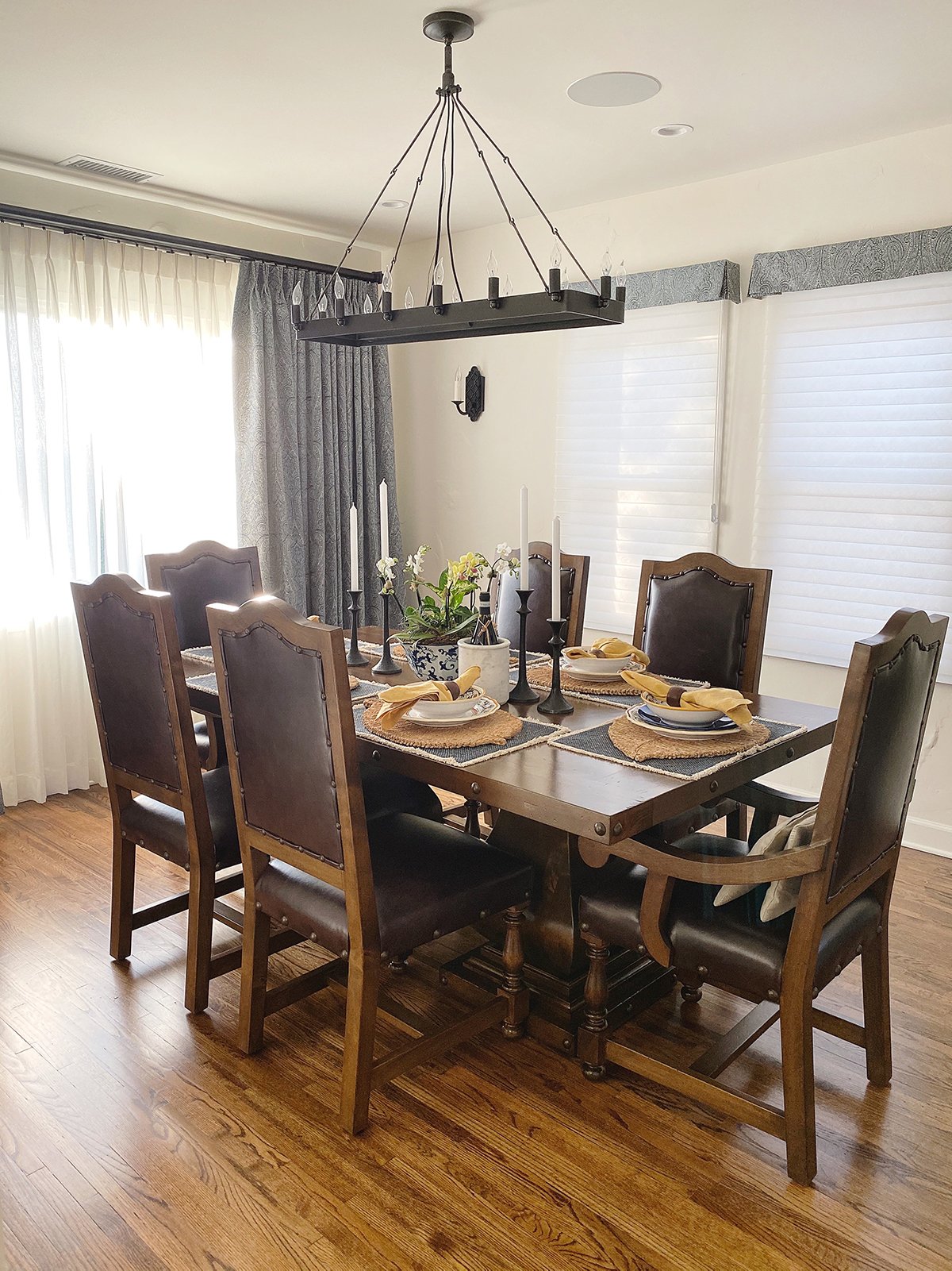 Traditional Spanish Revival Dining Room with custom made furniture, drapery and lighting.