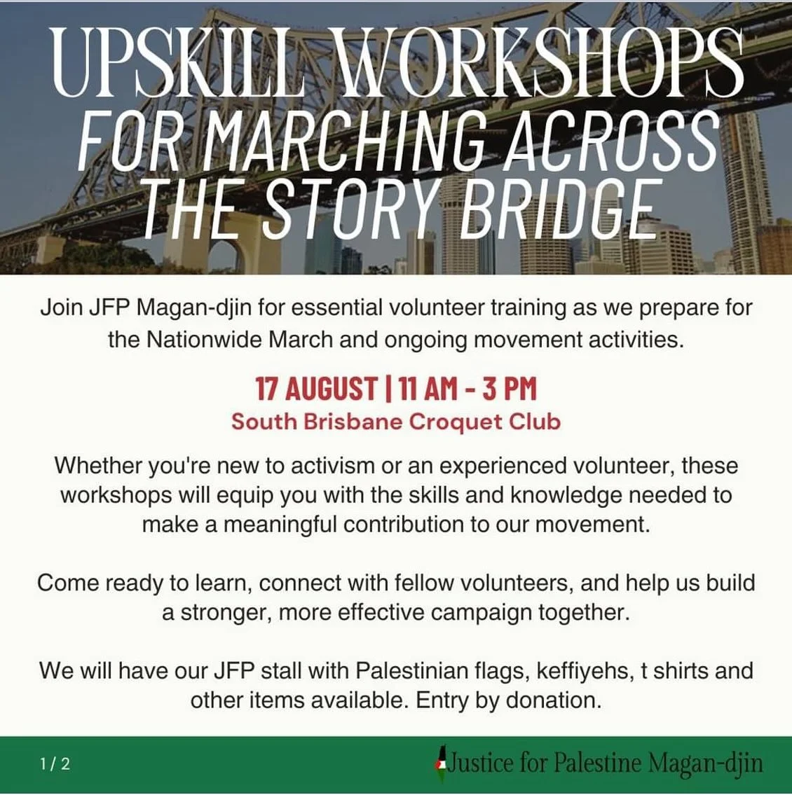 See you at tomorrow&rsquo;s rally prep and upskill with @justiceforpalestine.magandjin. 

We&rsquo;ll have free resources on Indigenous sovereignty and solidarity to share that help make connections between movements for anti-colonial justice and col
