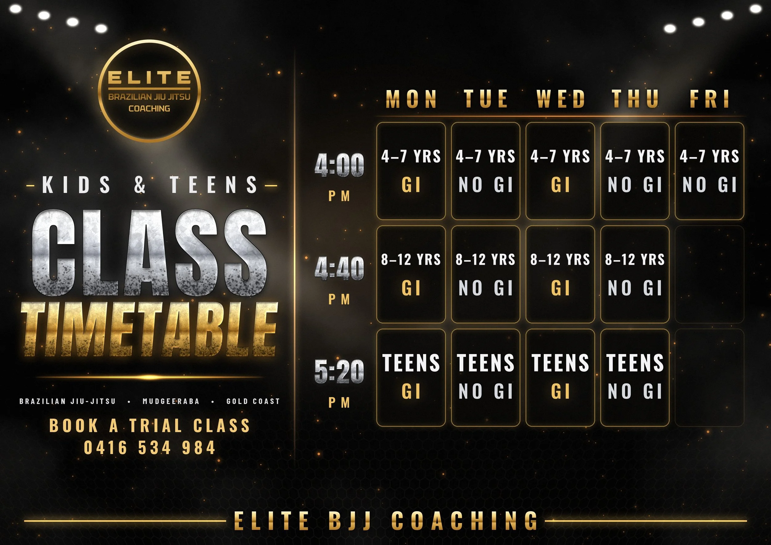 Elite BJJ kids and teens class timetable, Mudgeeraba Gold Coast