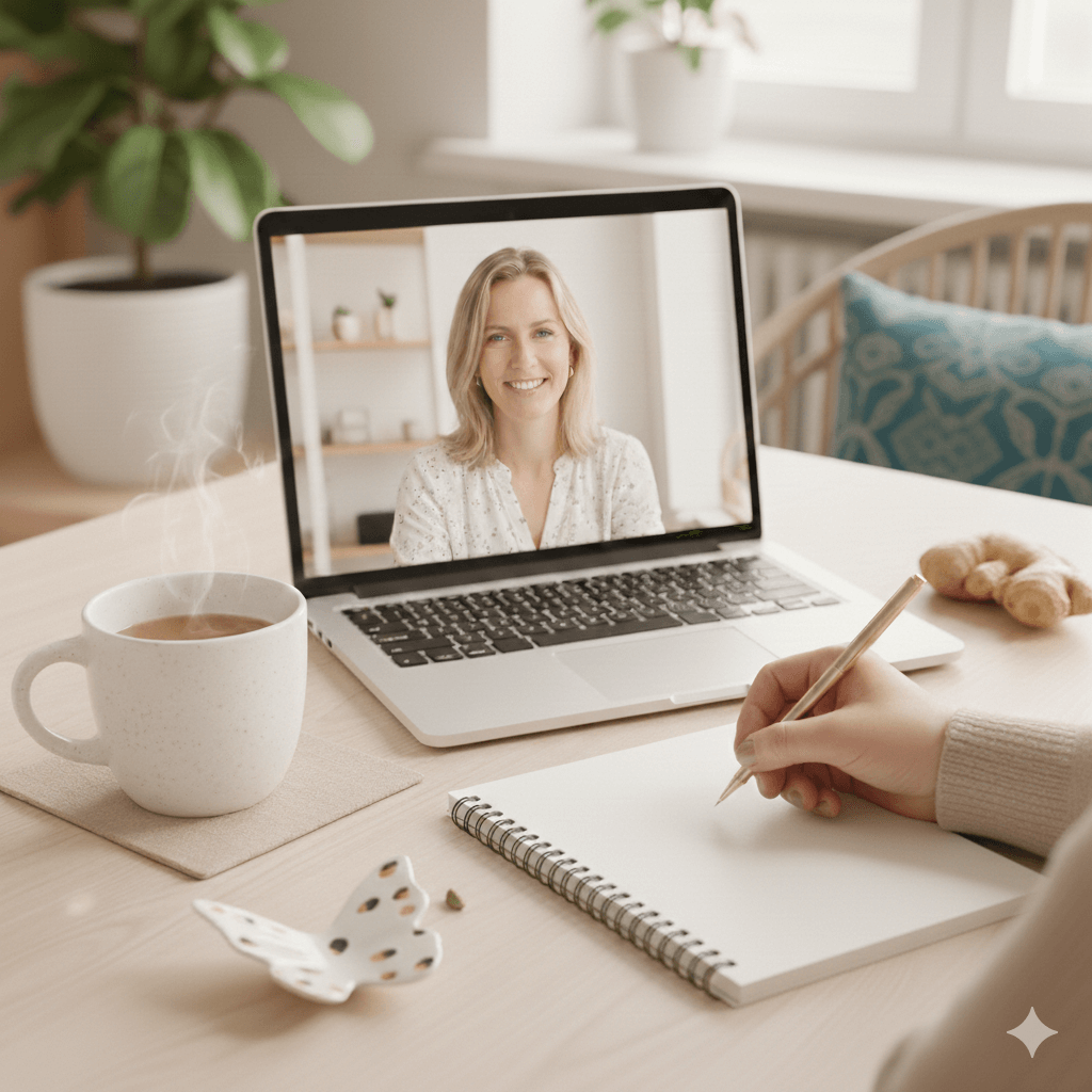 Eine Person macht Notizen auf einem Block, links davon steht eine Tasse Tee und das Laptop ist vor der Person aufgeklappt und eine weitere Person ist zu sehen