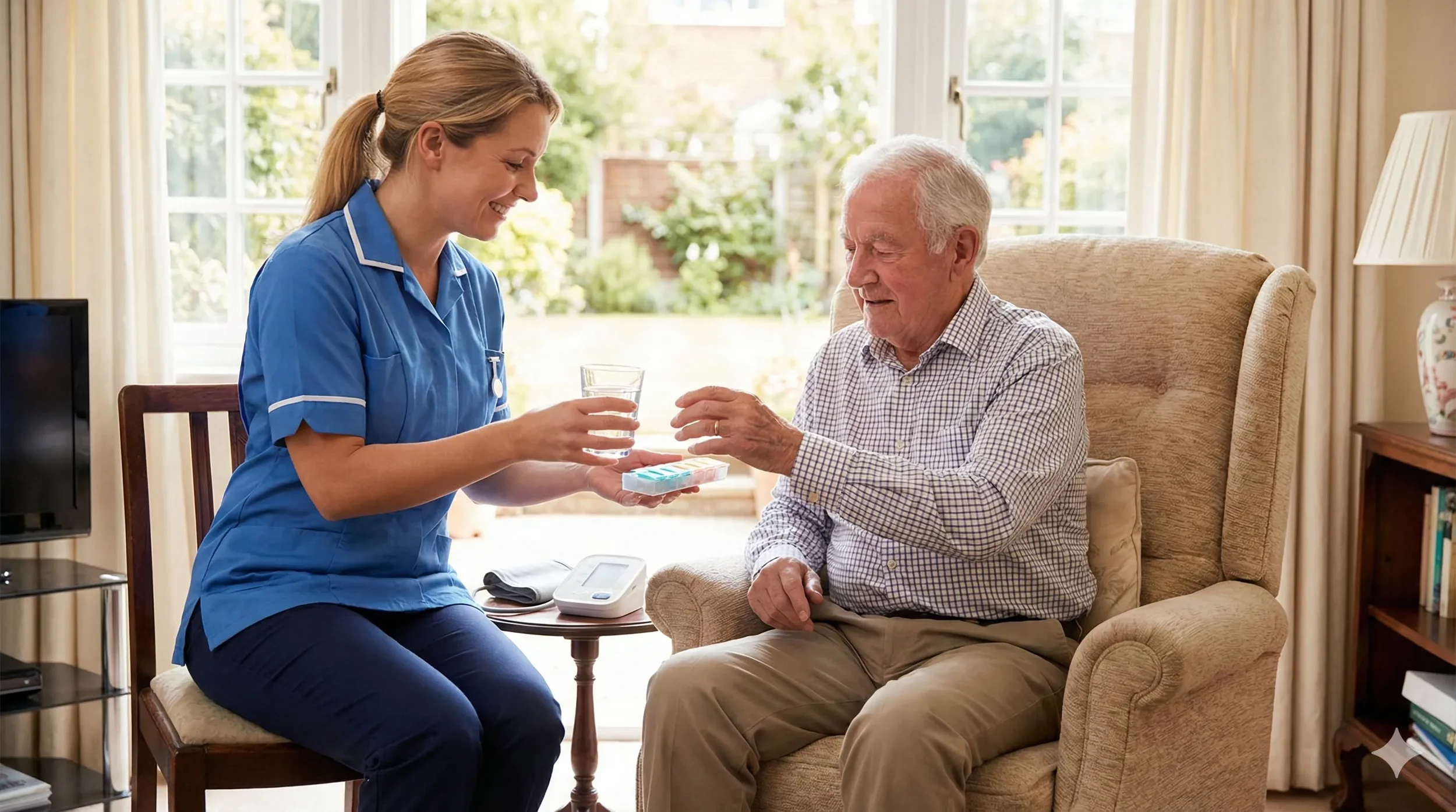 Onze verpleegster bezorgt medicijnen aan een patient