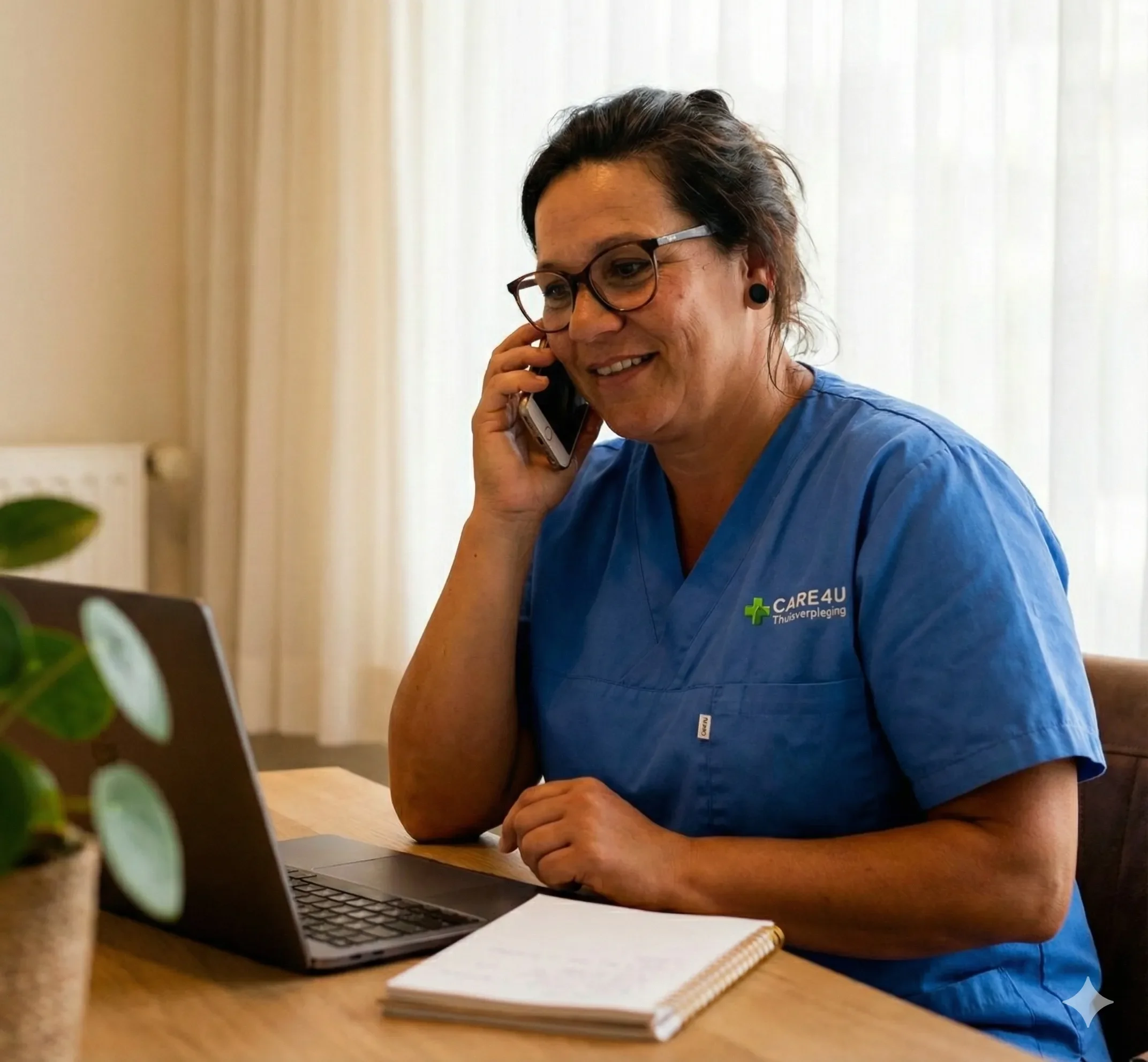 Vrouw in blauwe verpleegkundige outfit praat aan de telefoon en kijkt naar haar laptop op een houten tafel met een notitieboekje en een plant op de voorgrond, achter een raam met witte gordijnen.