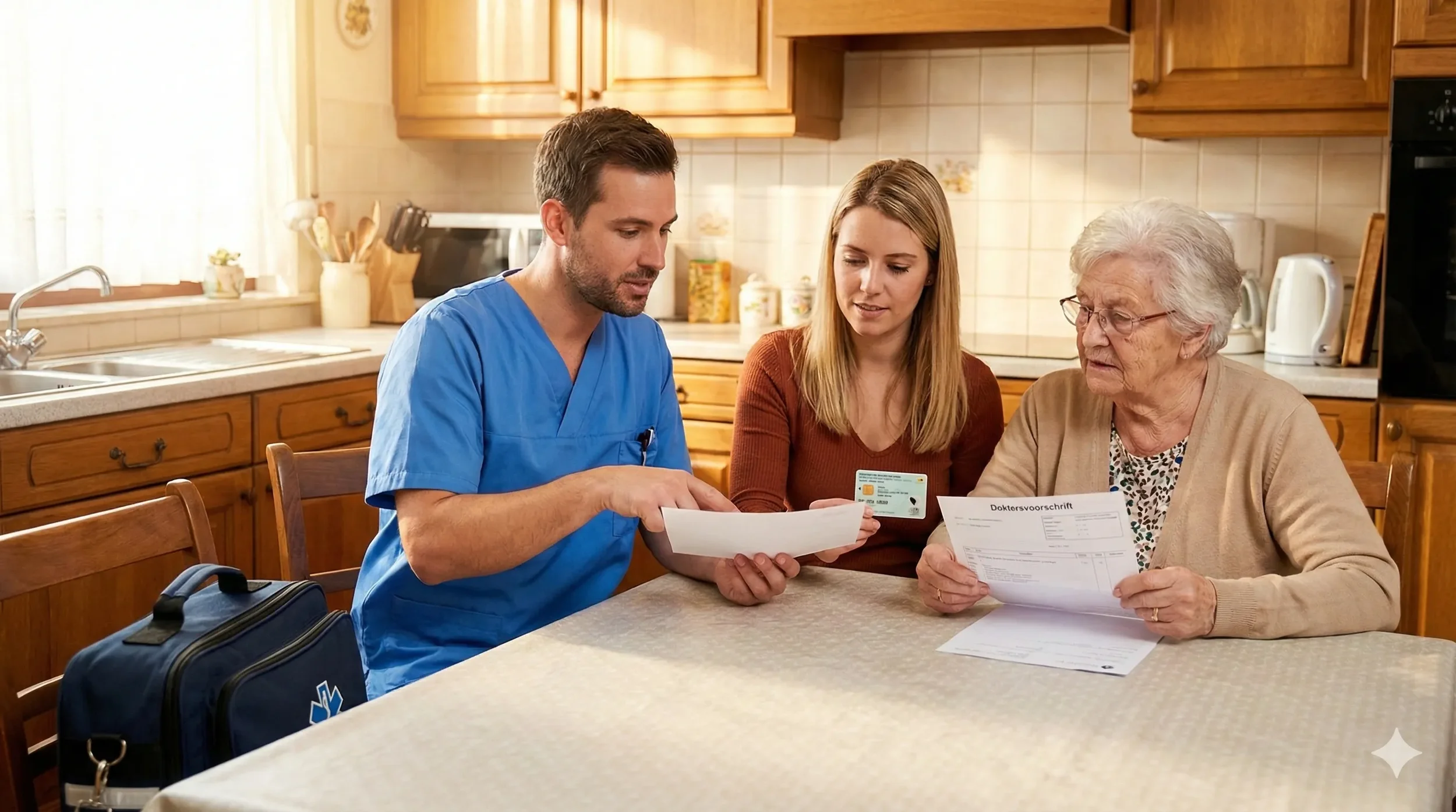 Thuisverpleegkundige bespreekt het eerste huisbezoek met patiënt in Scherpenheuvel..