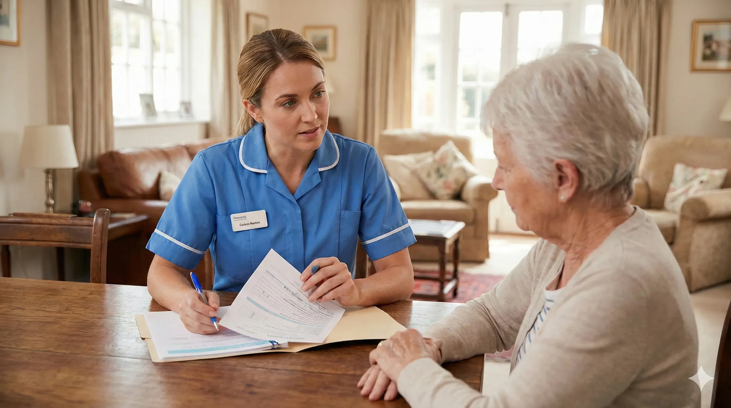 Een verpleegkundige bespreekt documenten met een oudere vrouw aan een houten eettafel in een woonkamer.